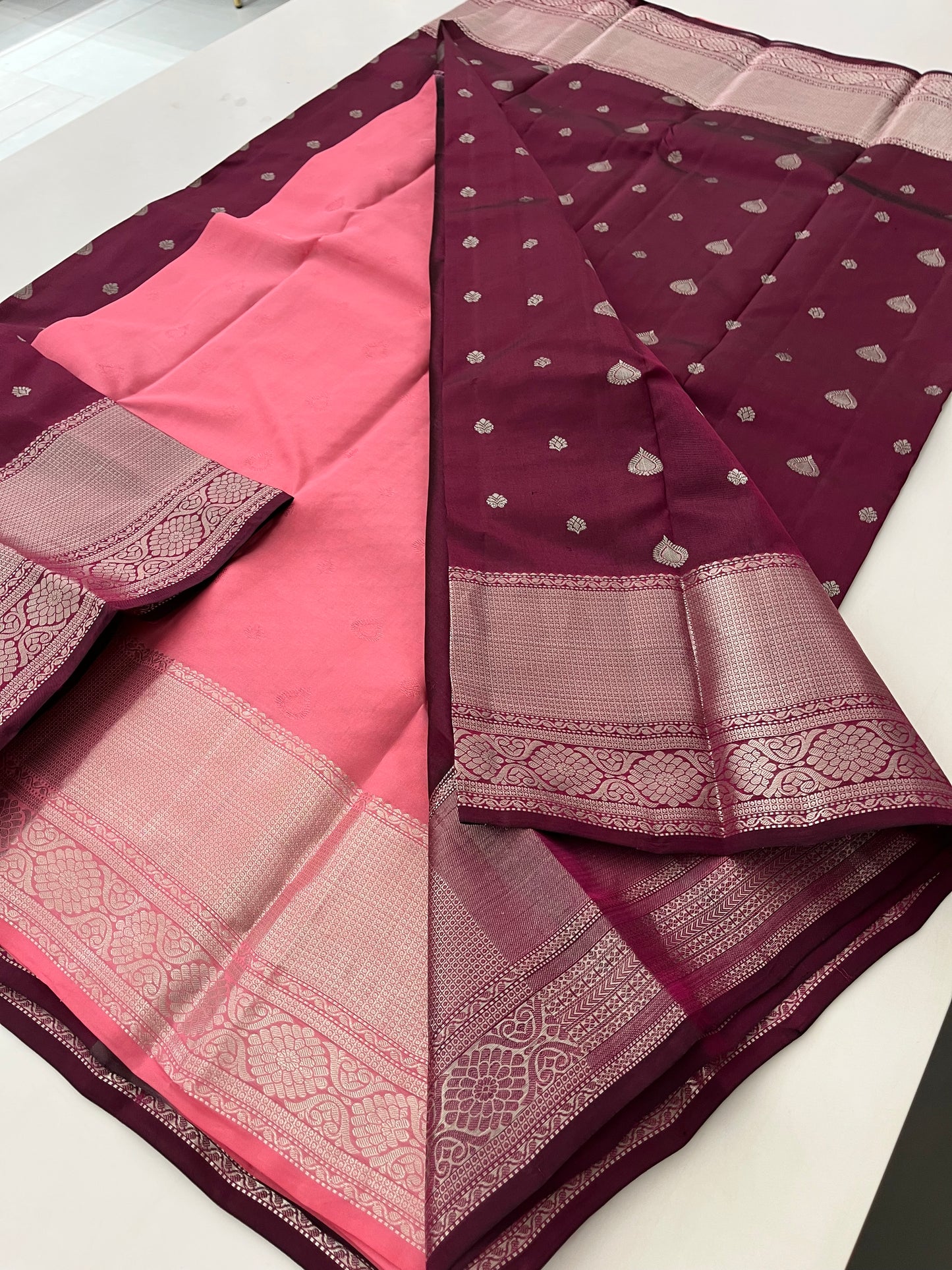 Wine X Baby pink Puremix silk saree