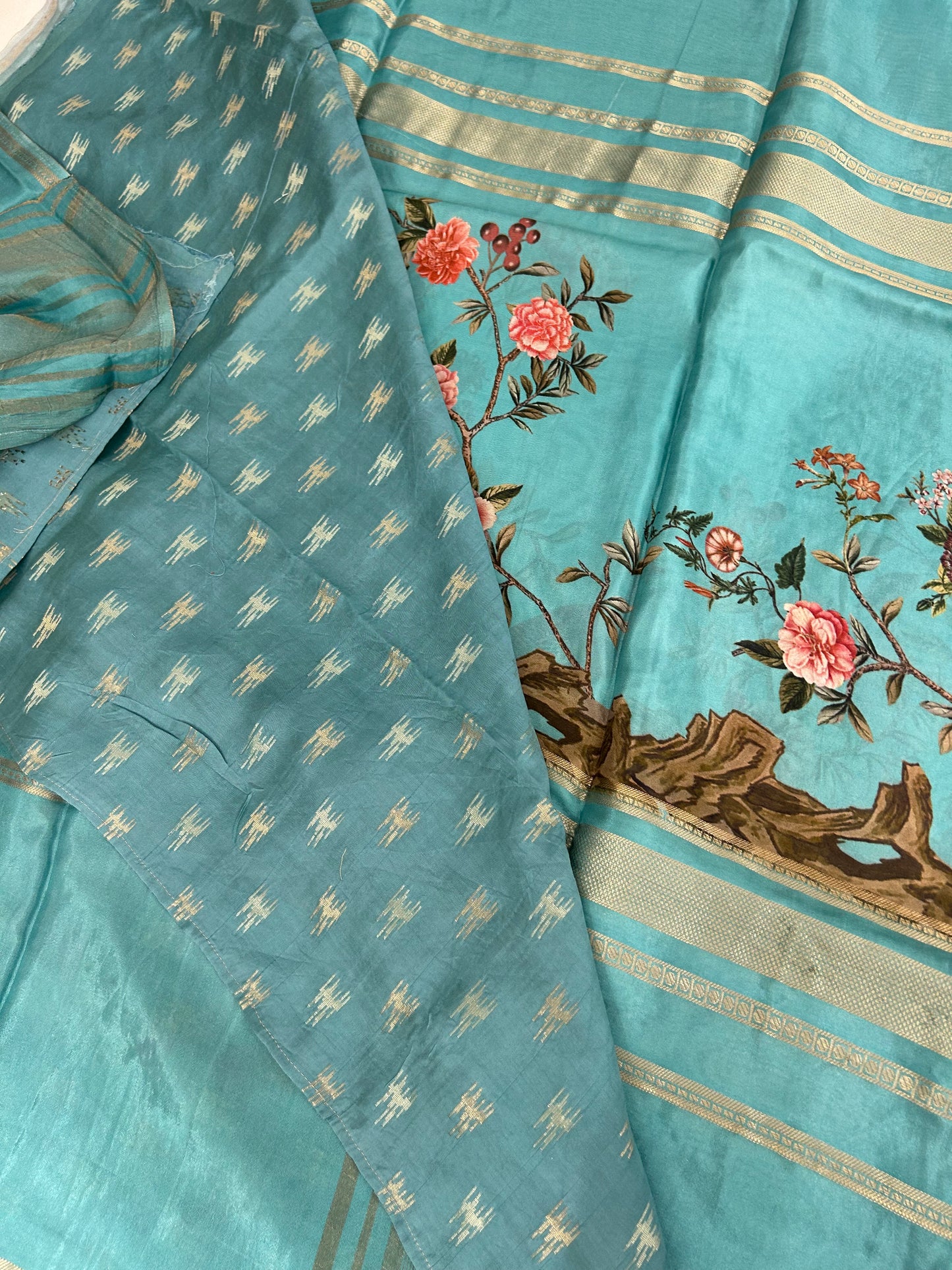 Kalamkari Printed Semi Mysore Silk Saree Pastel Blue-AP16