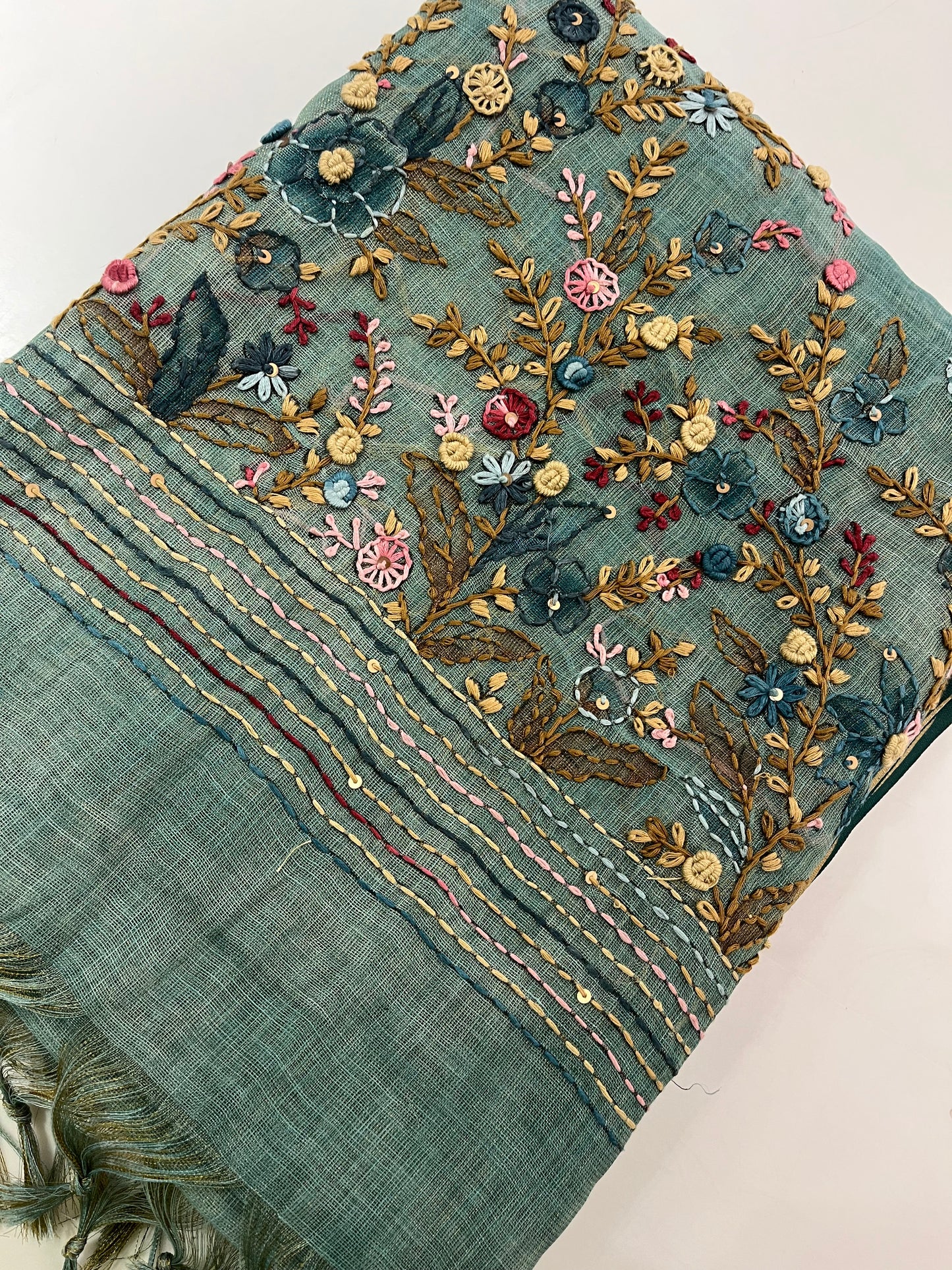 Linen Embroidery Fancy Saree