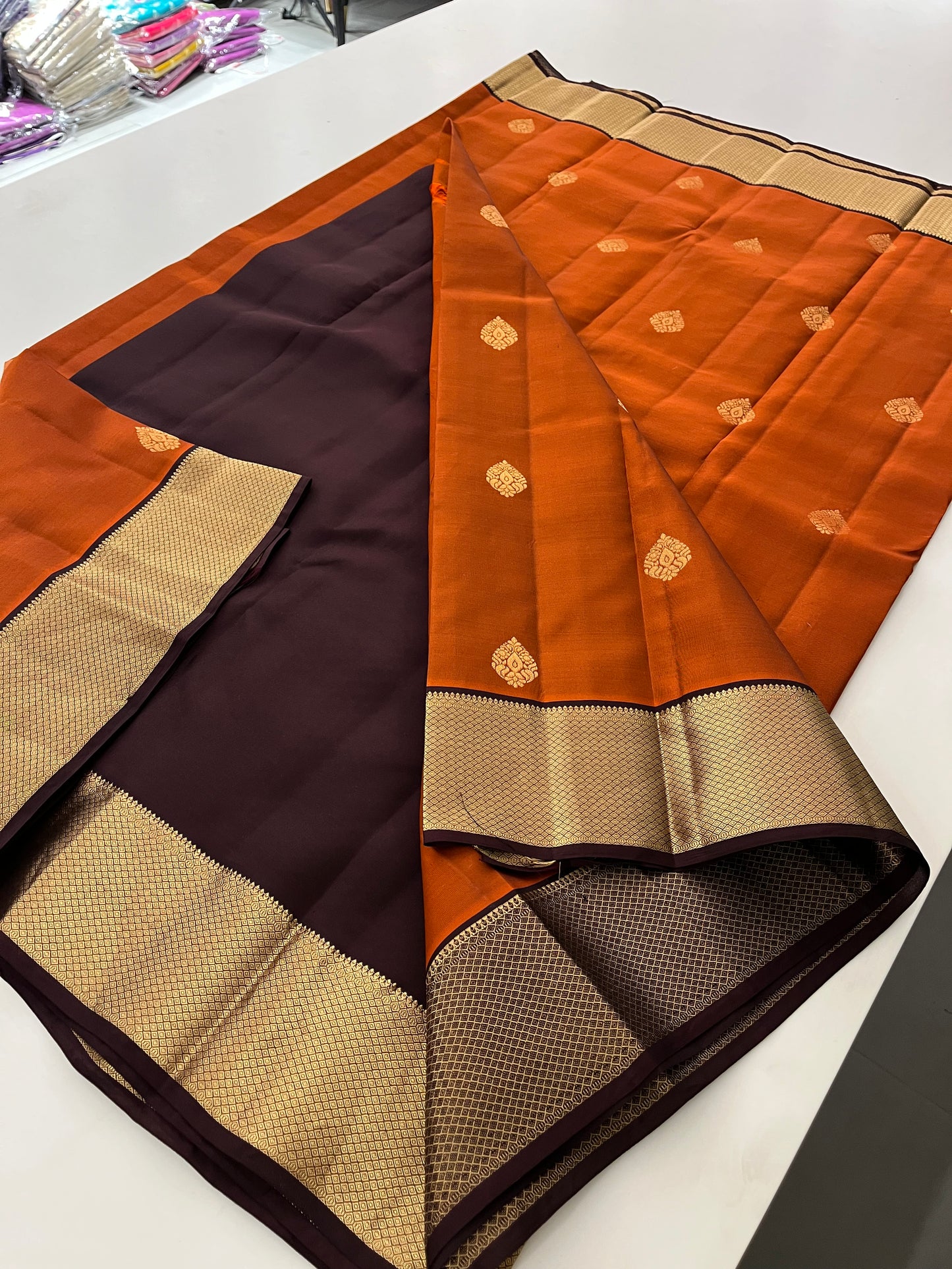 Rust orange x Snuff Kanchipuram Silk Saree