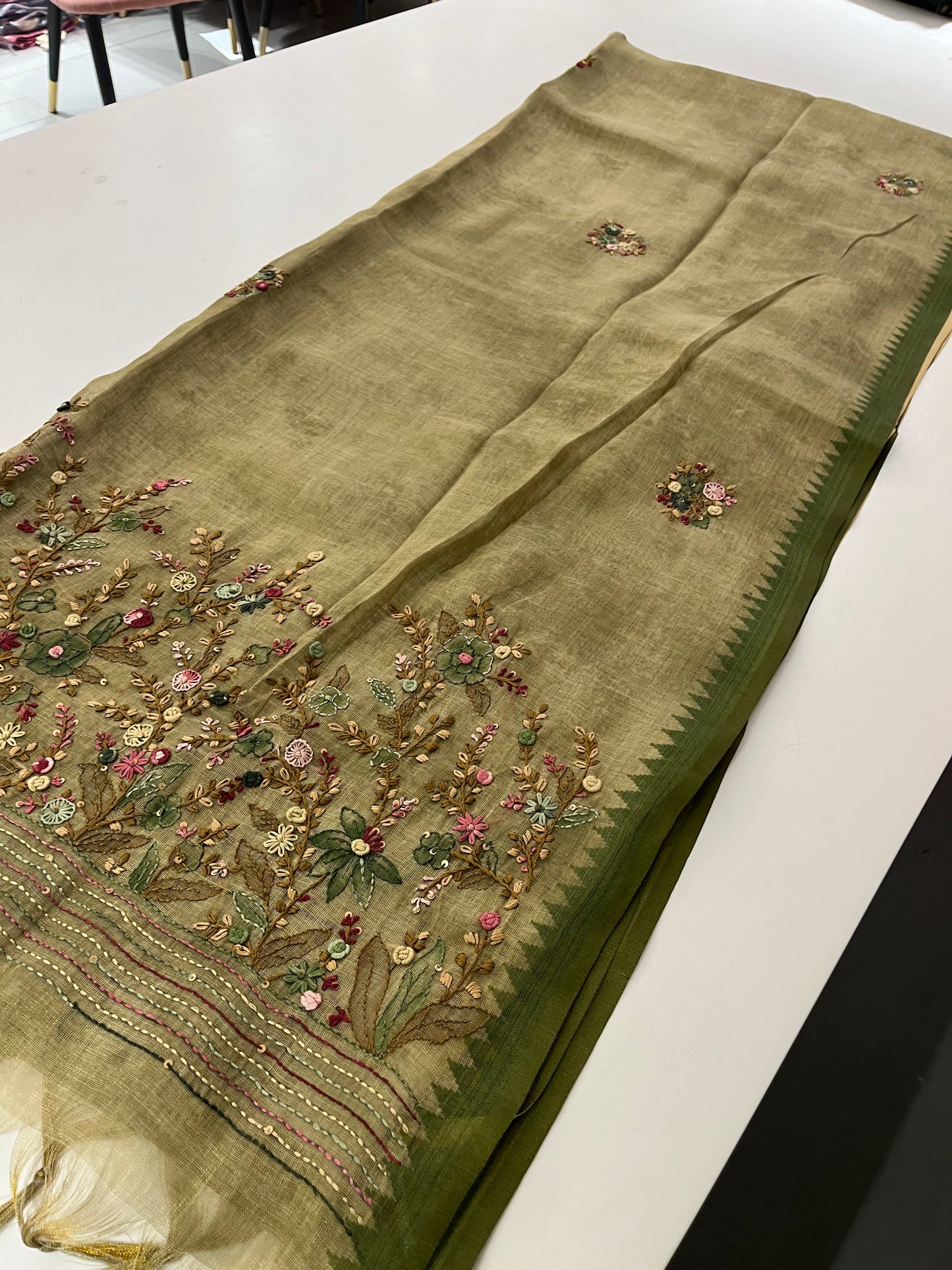 Linen Embroidery Fancy Saree