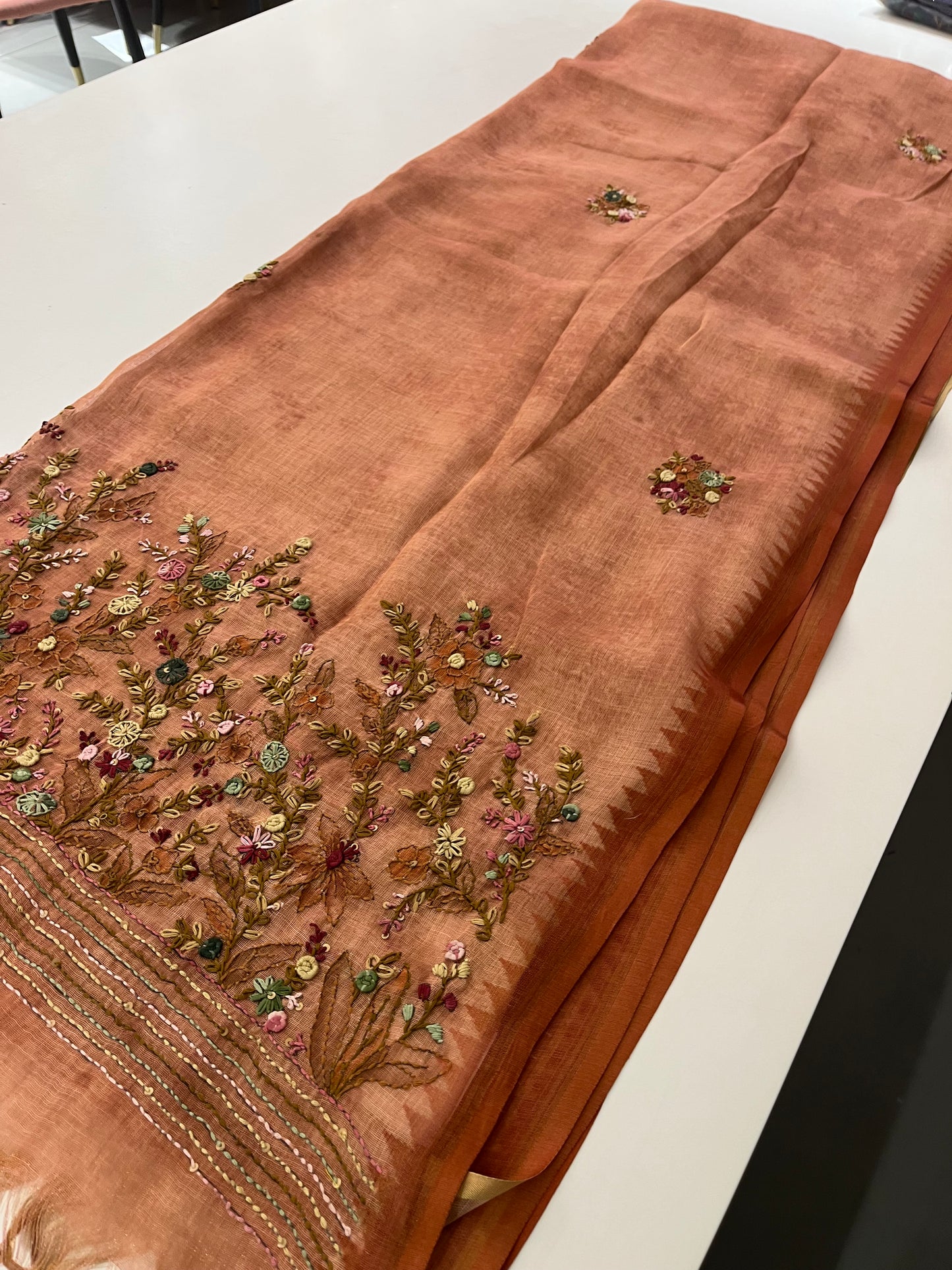 Linen Embroidery Fancy Saree