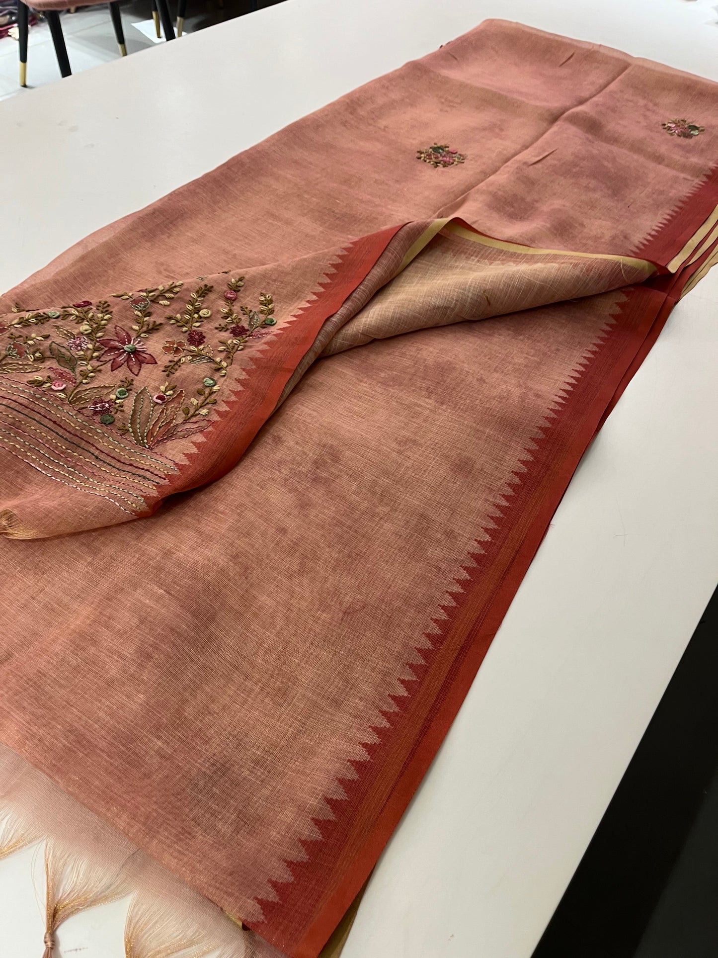 Linen Embroidery Fancy Saree