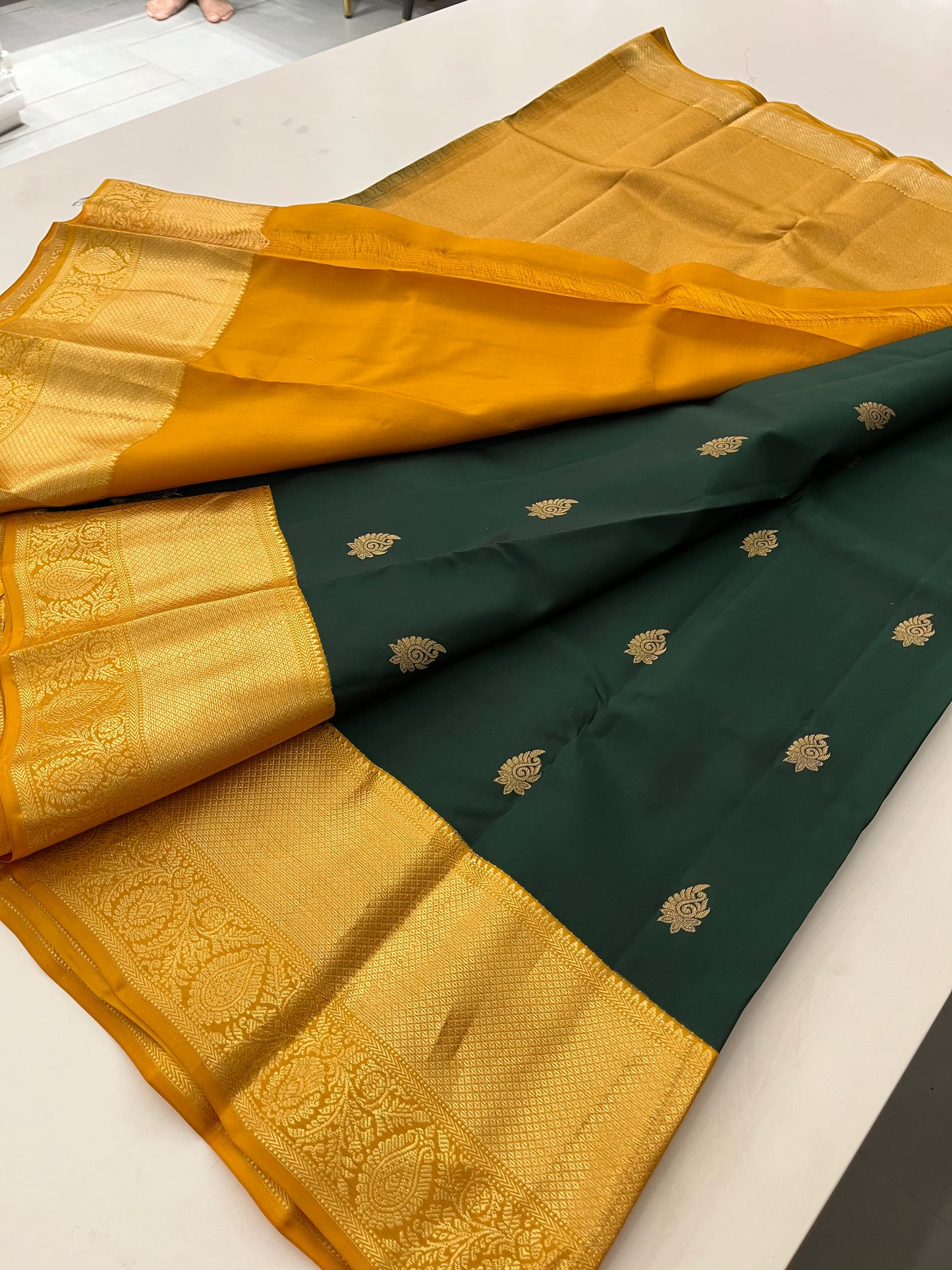 Darkgreen X Yellow Puremix silk saree
