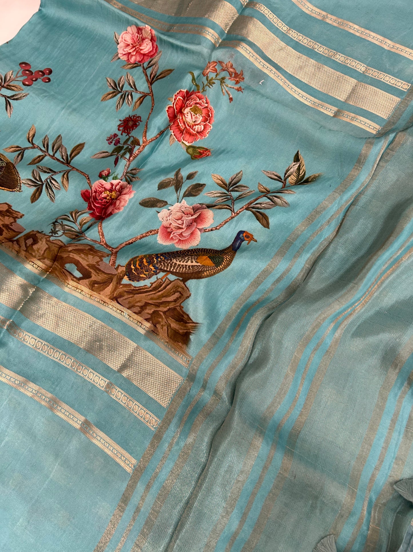 Kalamkari Printed Semi Mysore Silk Saree Pastel Blue-AP16