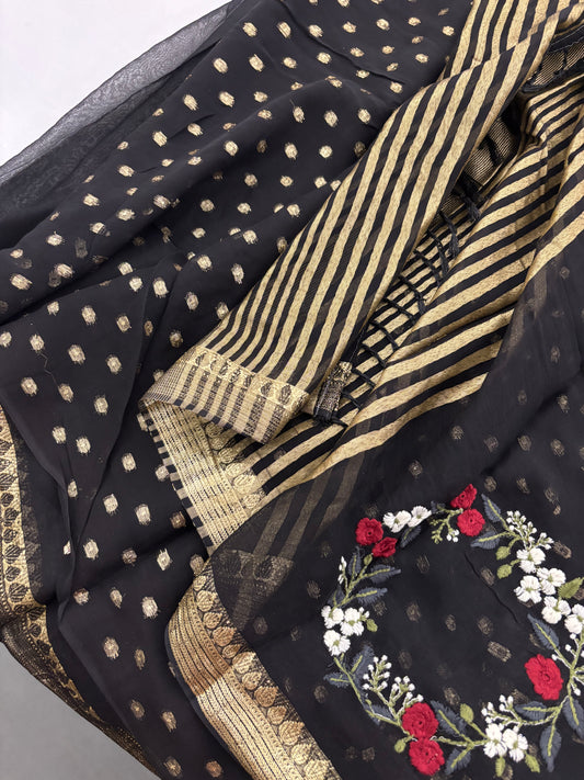 Georgette Black With Embroidery Work and Gold Borders