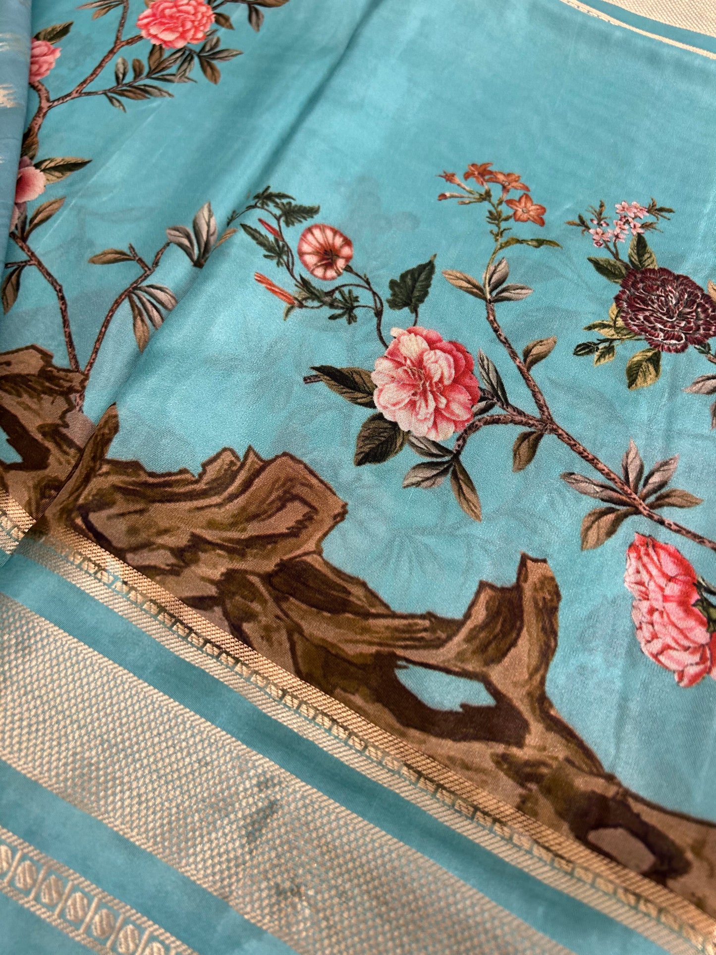 Kalamkari Printed Semi Mysore Silk Saree Pastel Blue-AP16