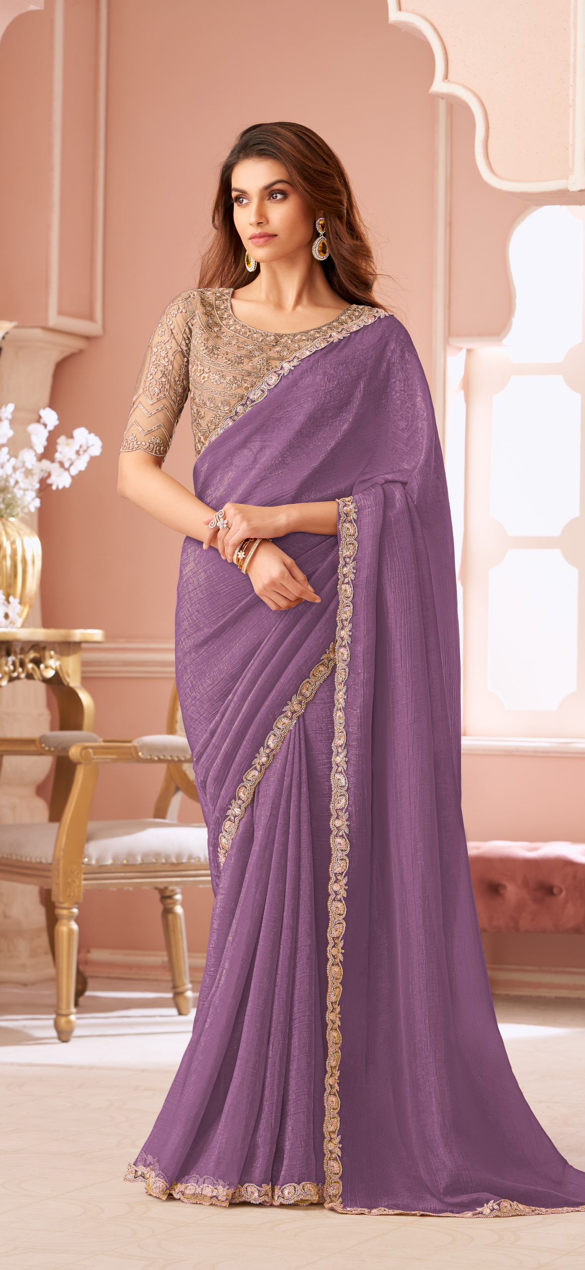 Designer Pastel Purple X Gold Georgette Saree