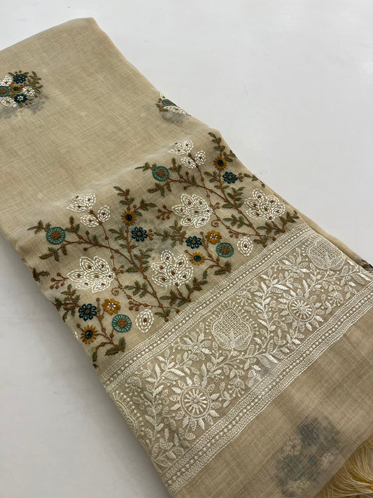 Linen embroidery fancy saree