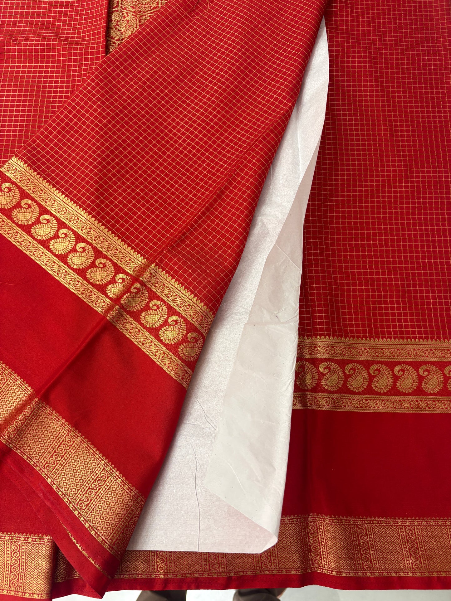 BENTEX BORDER SELF CHEX SEMI CREPE SILK SAREE-RED