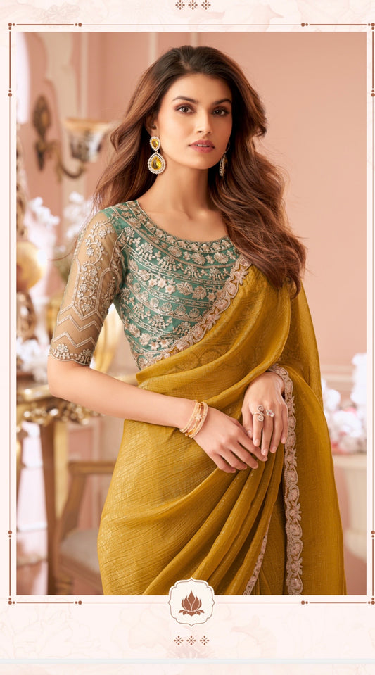 Designer Mustard X Teal Georgette Saree