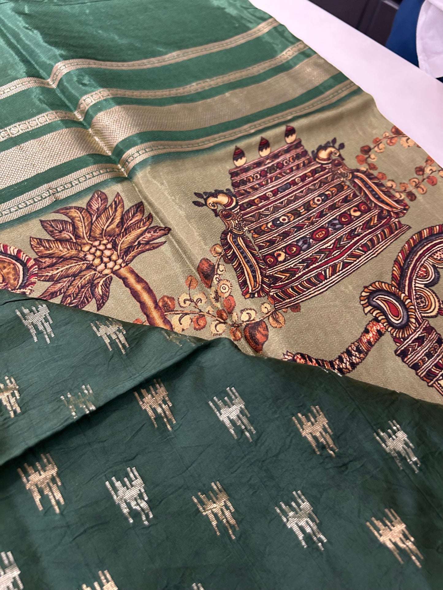 Kalamkari Printed Semi Mysore Silk Saree Pista Green-AP16