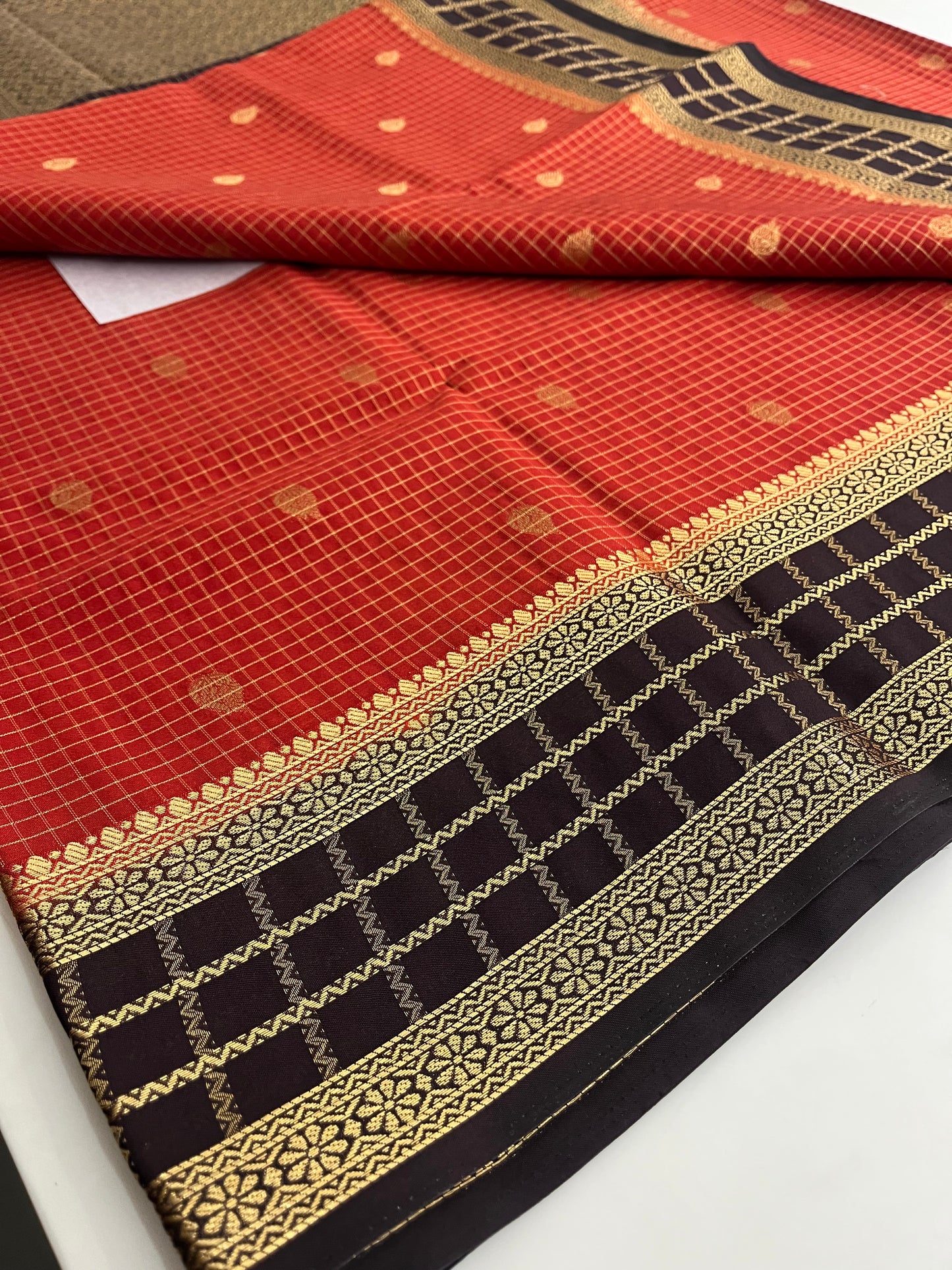 Rust orange with deep wine checks Banarasi Chinnon silk