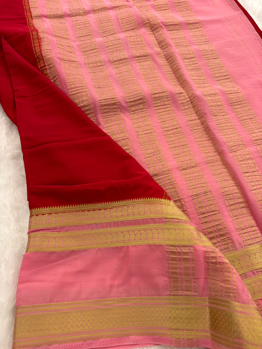 Red X pink Bentex Border Semi Mysore Silk Saree-J119