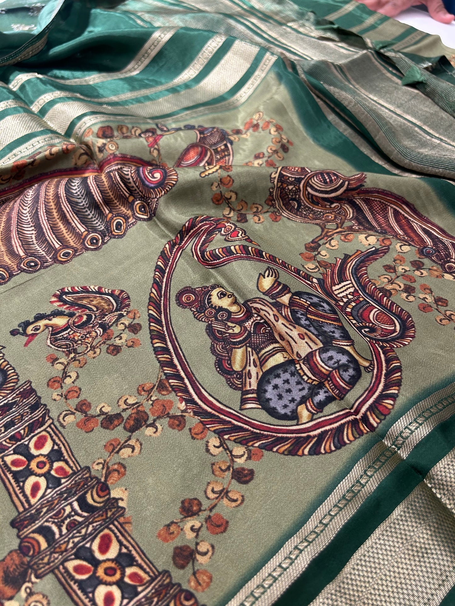Kalamkari Printed Semi Mysore Silk Saree Pista Green-AP16