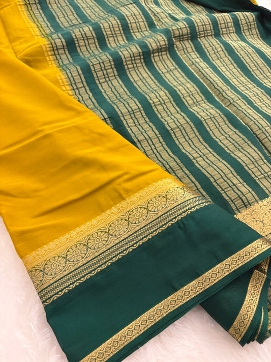 Yellow X Green Small Bentex Semi mysore Silk Saree-J1113