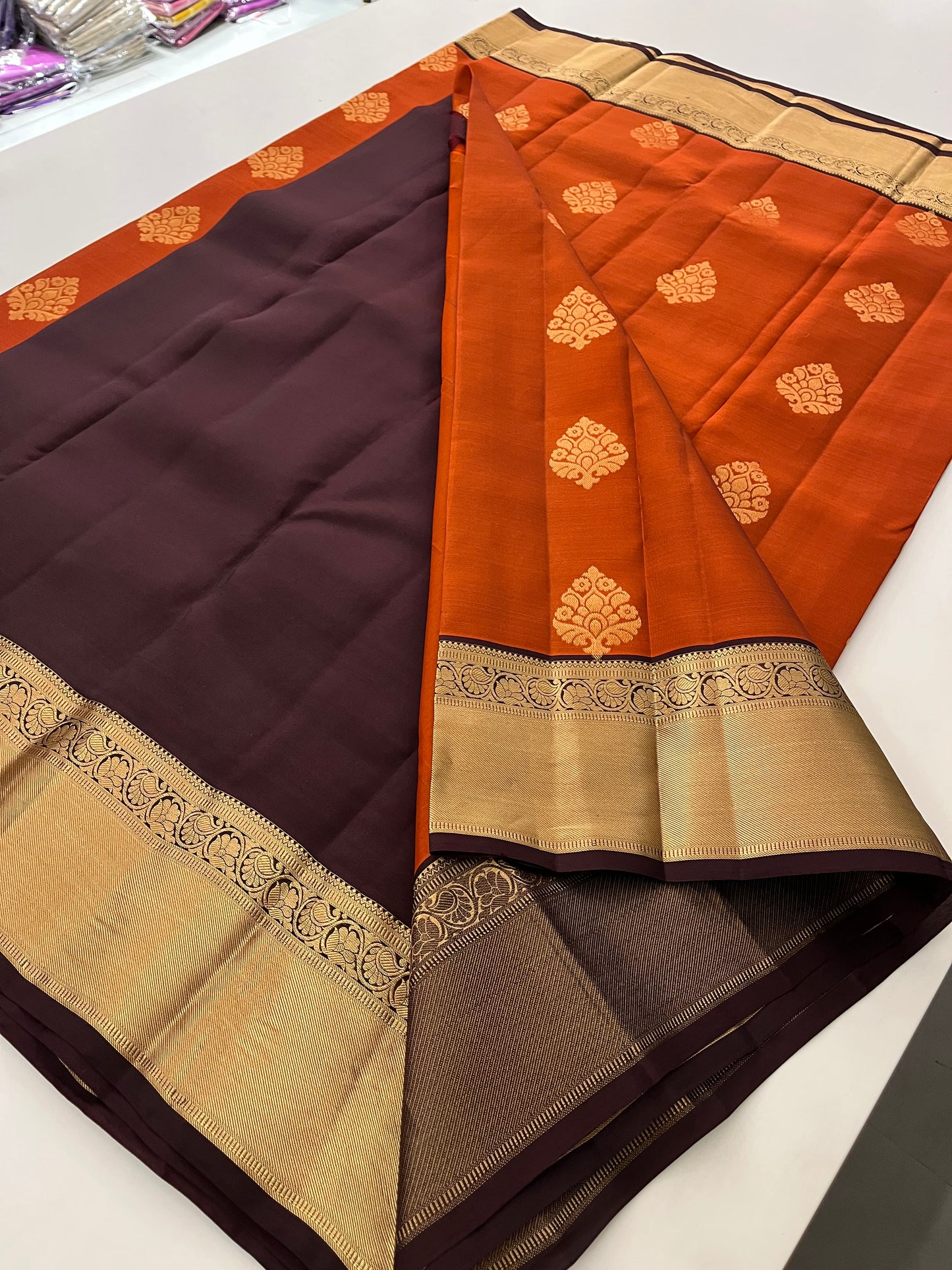 Rust orange x Snuff Kanchipuram Silk Saree