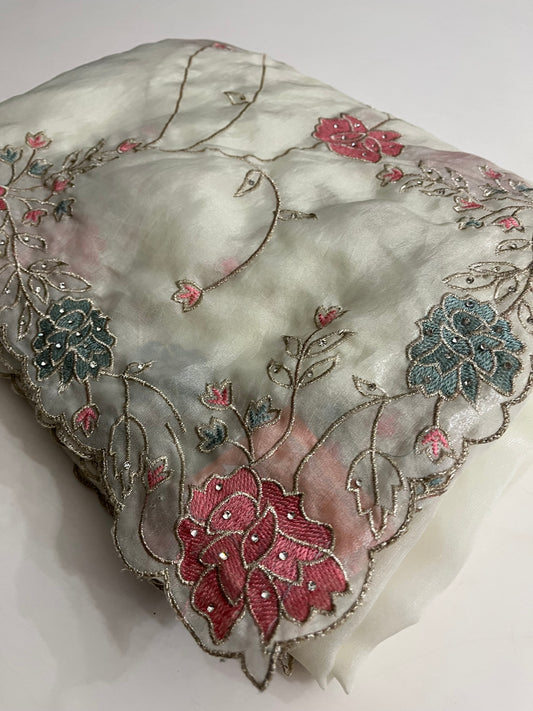 MILKY WHITE DESIGNER ORGANZA SAREES J31