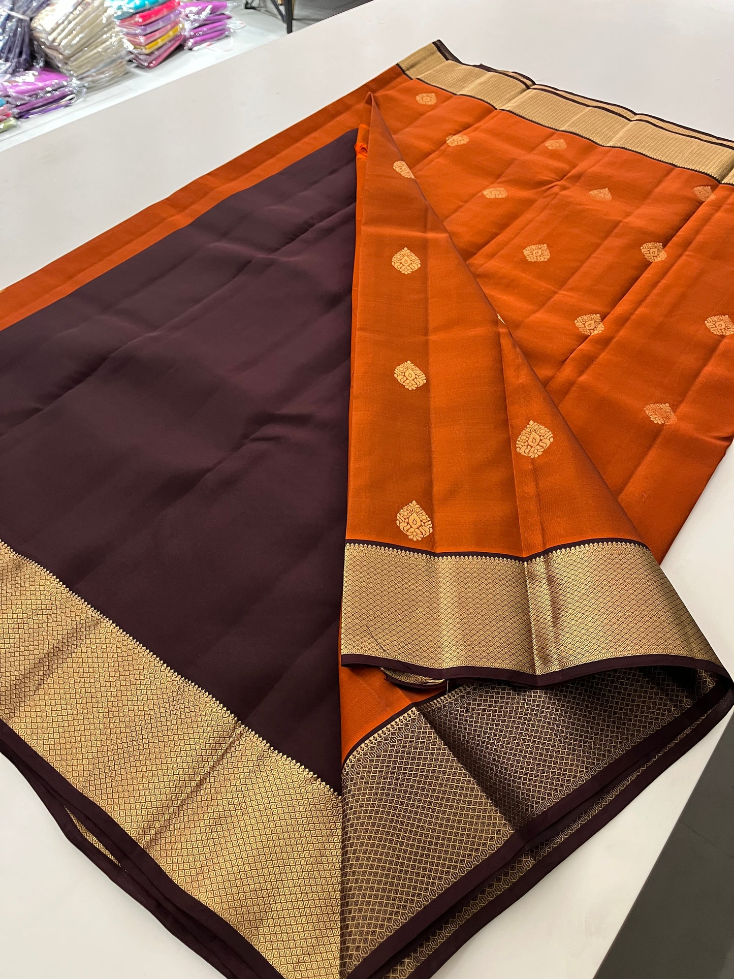 Rust orange x Snuff Kanchipuram Silk Saree