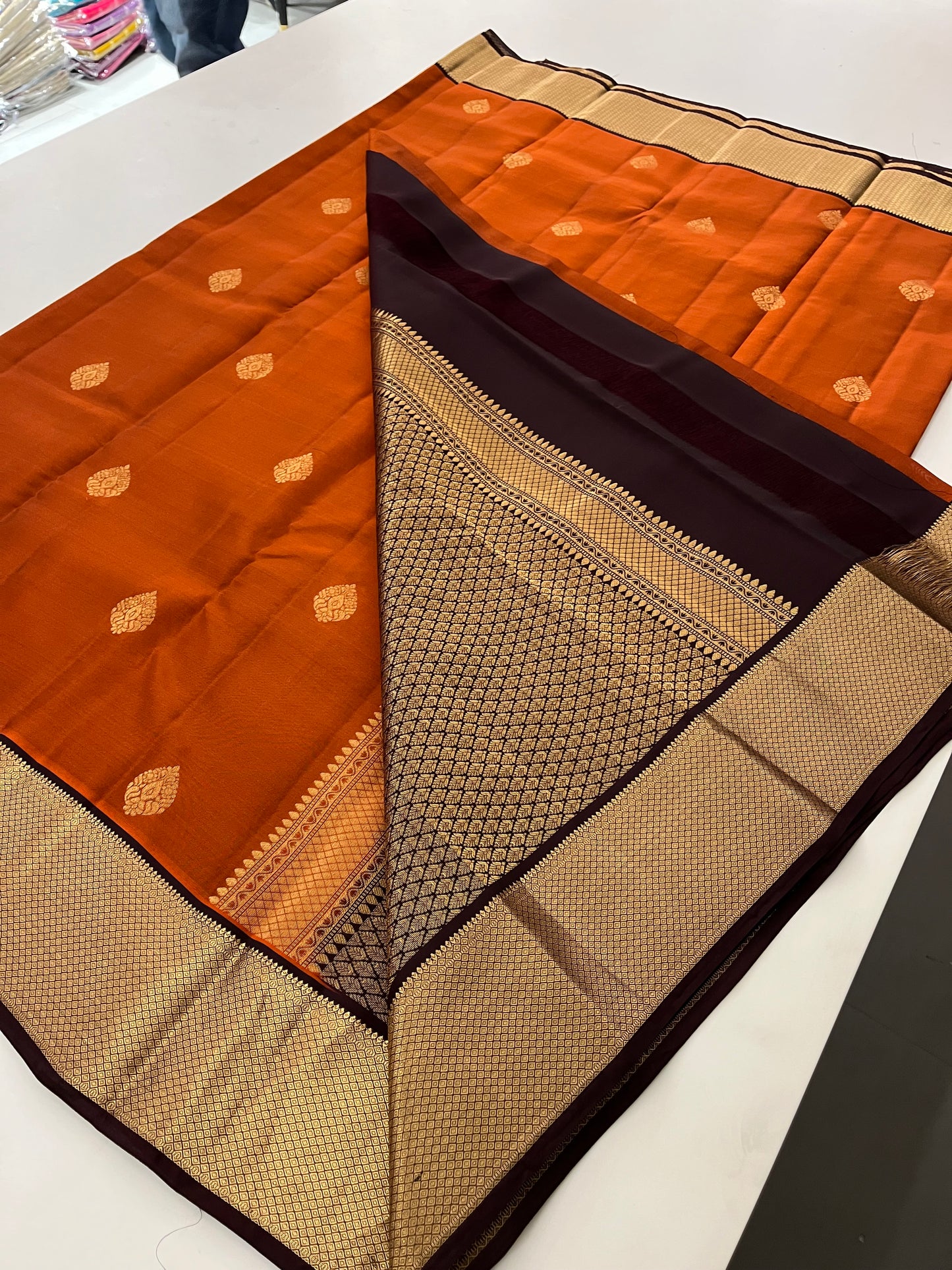 Rust orange x Snuff Kanchipuram Silk Saree