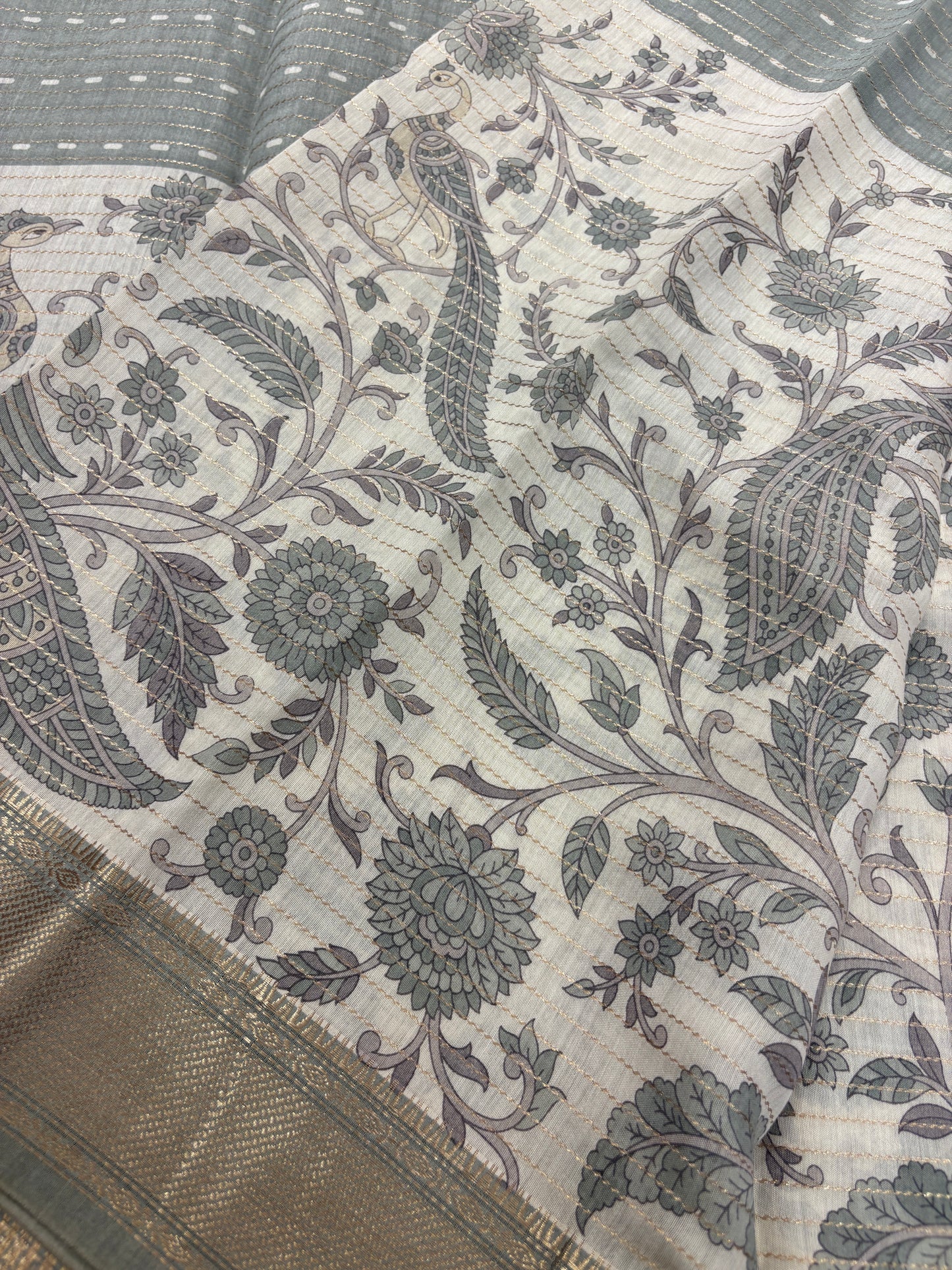 Grey Floral Chanderi Cotton Saree-M101