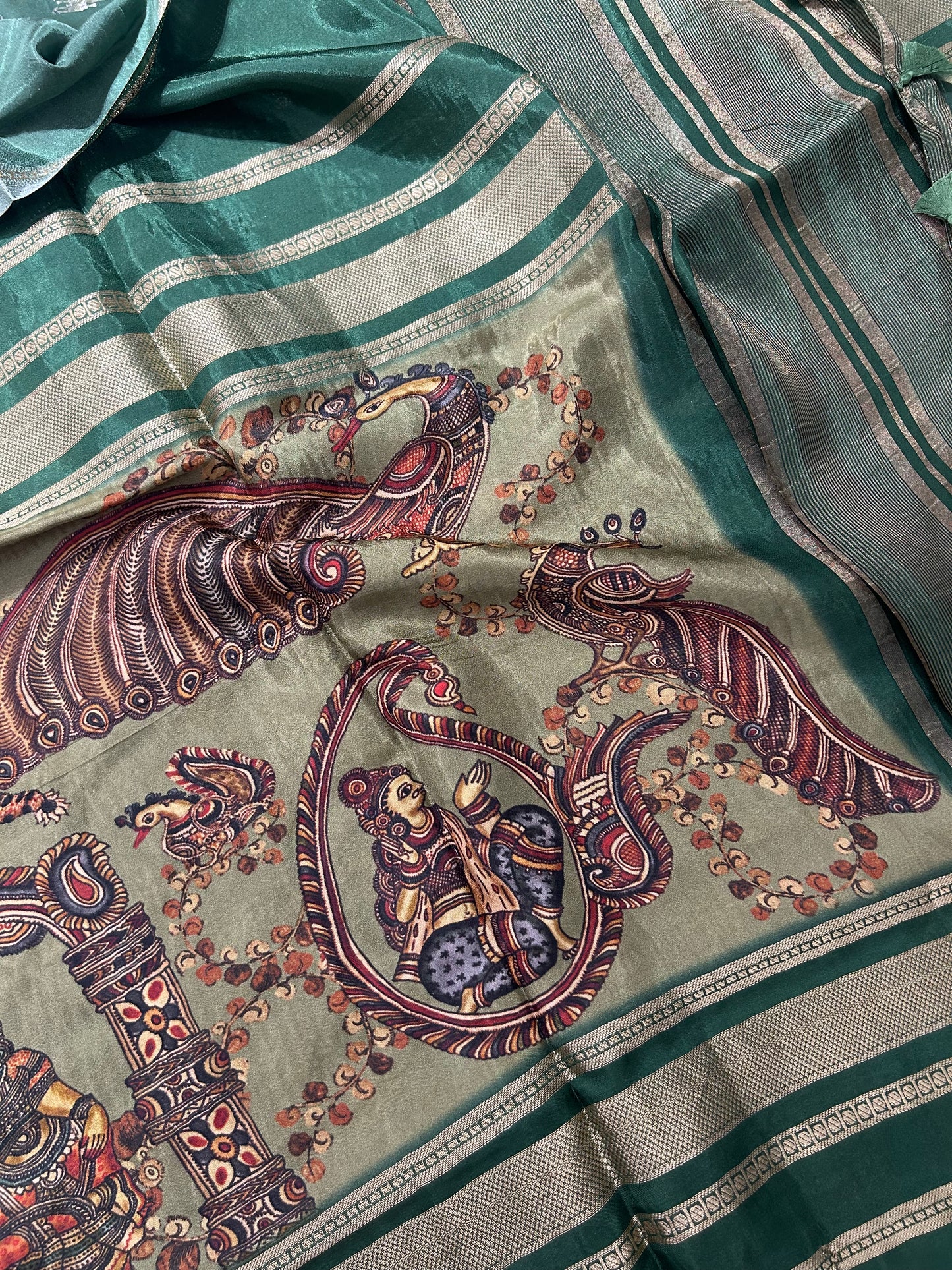 Kalamkari Printed Semi Mysore Silk Saree Pista Green-AP16