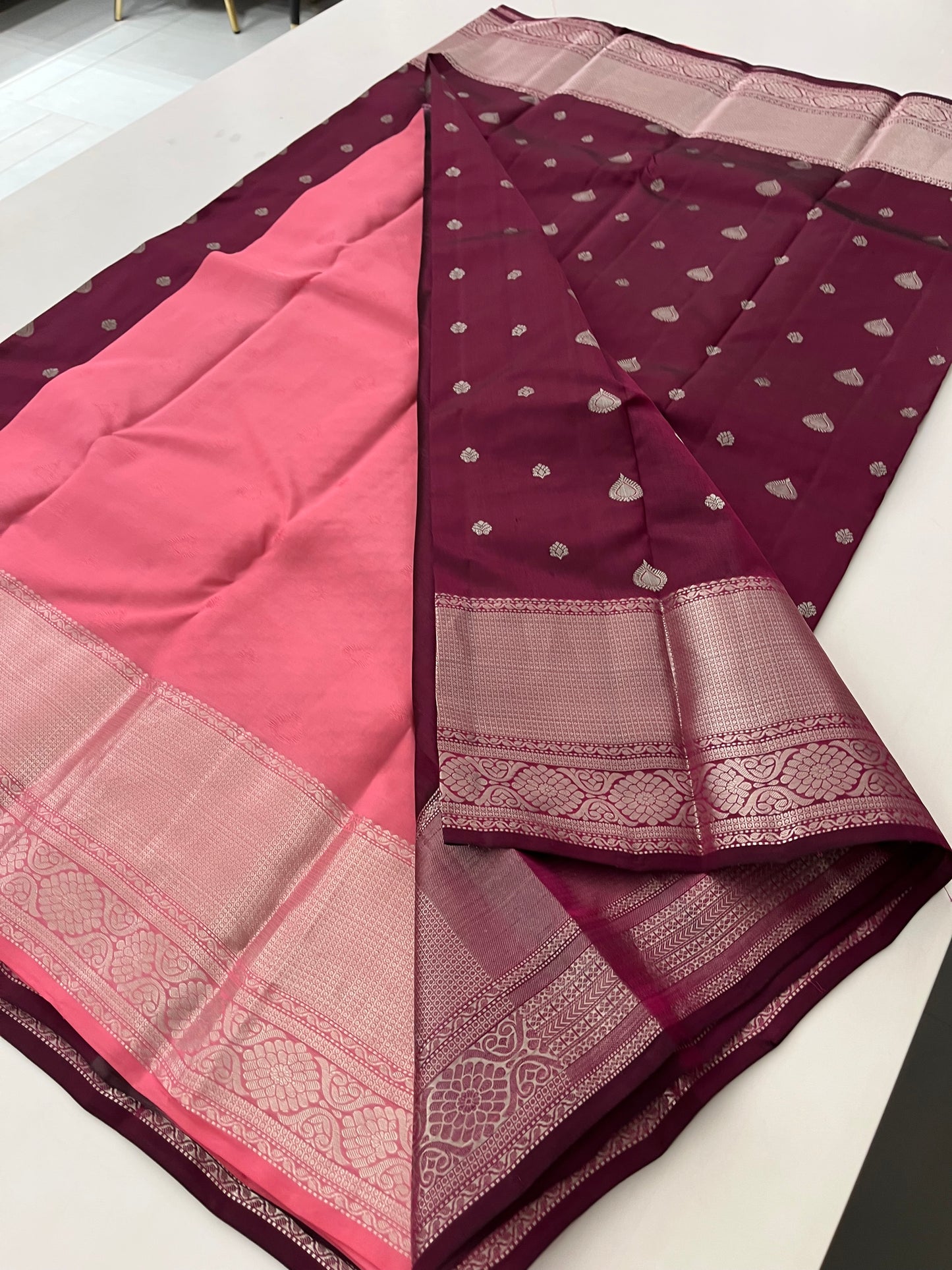 Wine X Baby pink Puremix silk saree