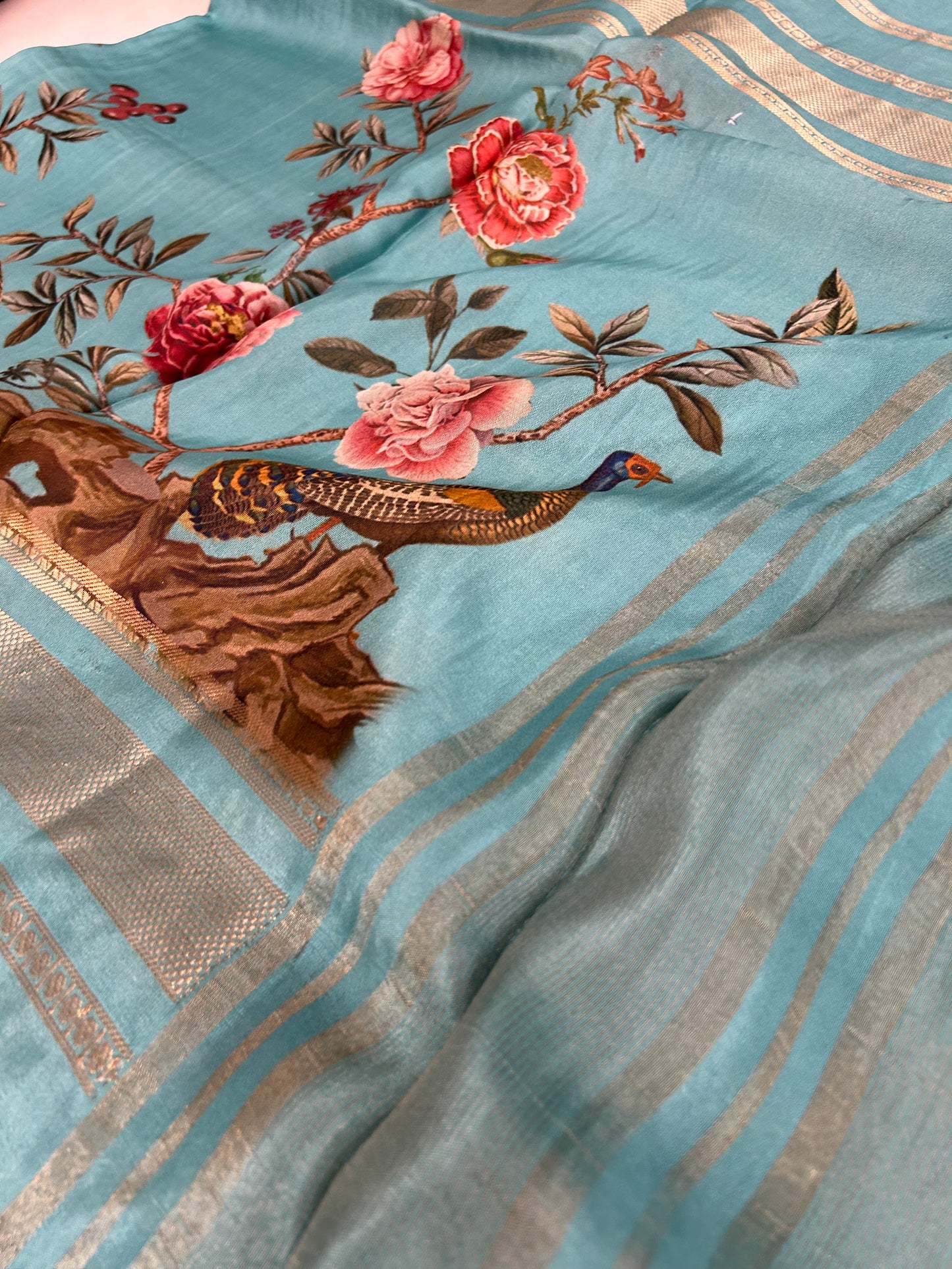 Kalamkari Printed Semi Mysore Silk Saree Pastel Blue-AP16