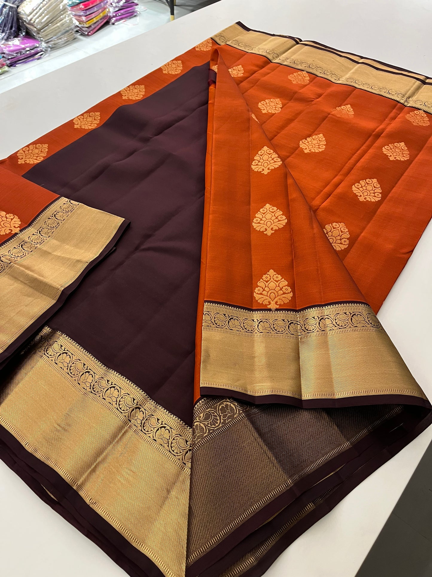 Rust orange x Snuff Kanchipuram Silk Saree