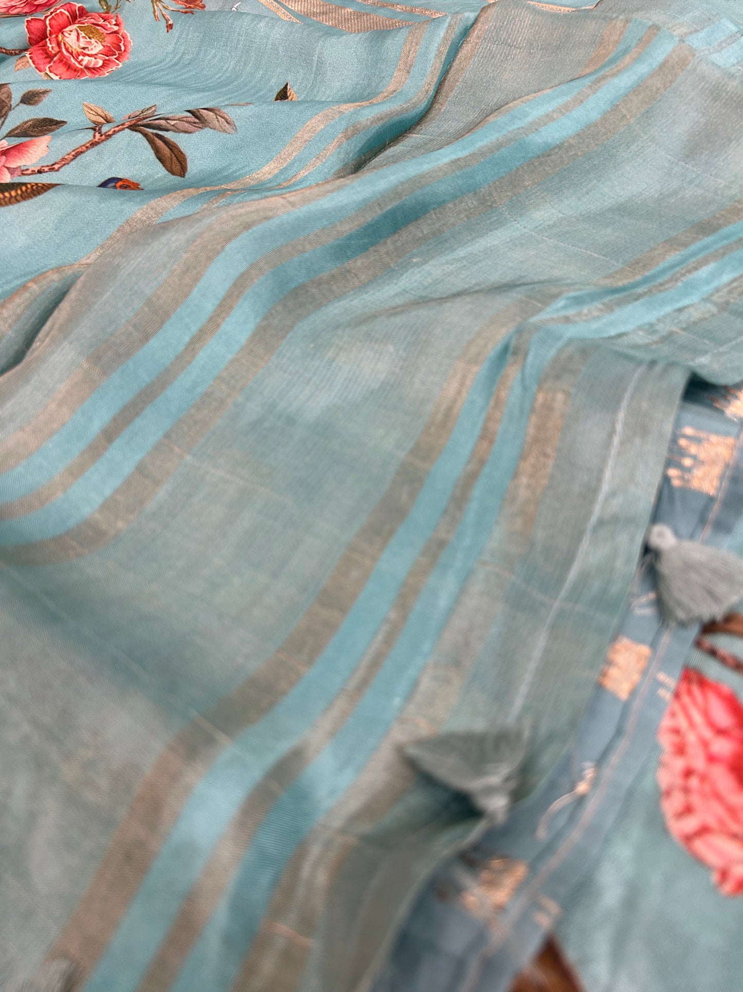 Kalamkari Printed Semi Mysore Silk Saree Pastel Blue-AP16