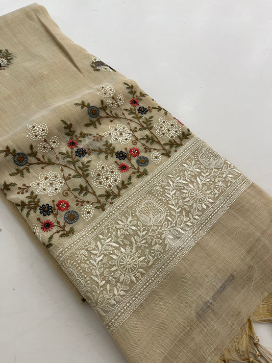 Linen embroidery fancy saree
