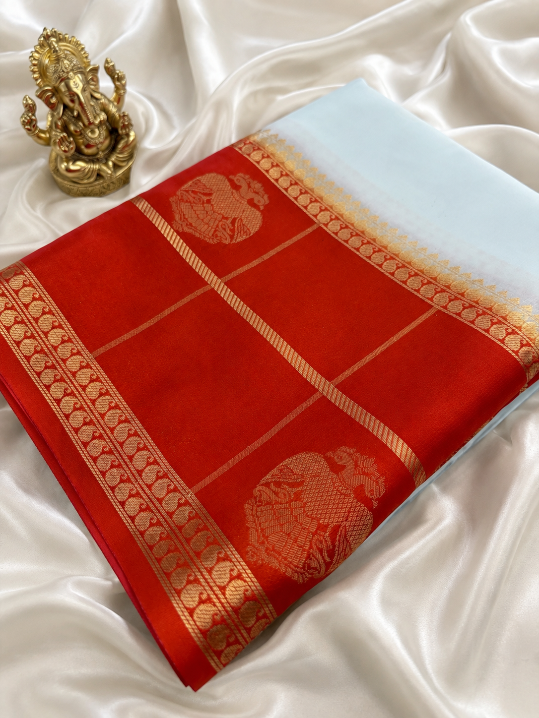 Light Blue X Orange Premium Semi Mysore Crape Silk Saree- JU16