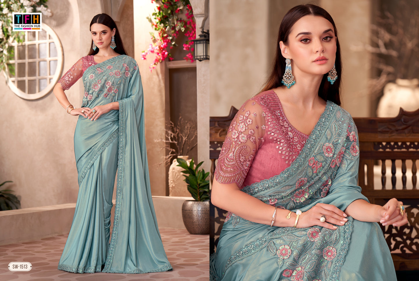 Partywear Pastel Blue X Pink designer Saree