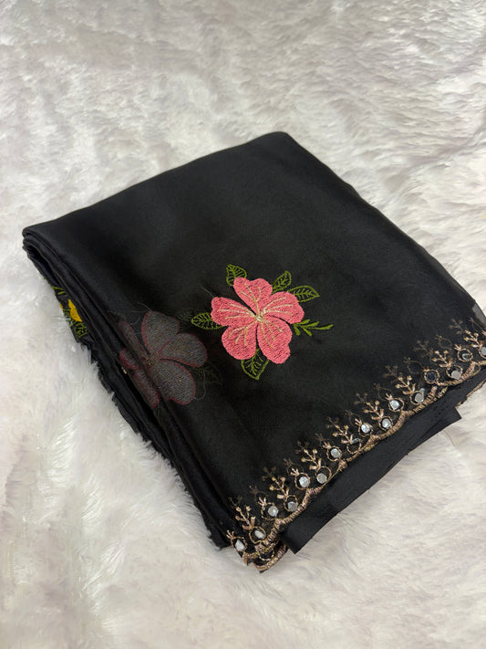 Black X Rani Pink Glass work organza sarees-1401
