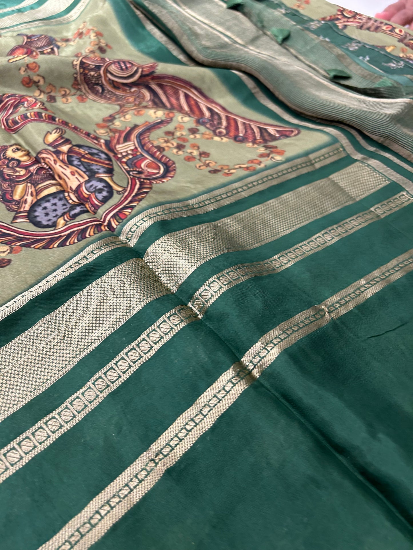 Kalamkari Printed Semi Mysore Silk Saree Pista Green-AP16