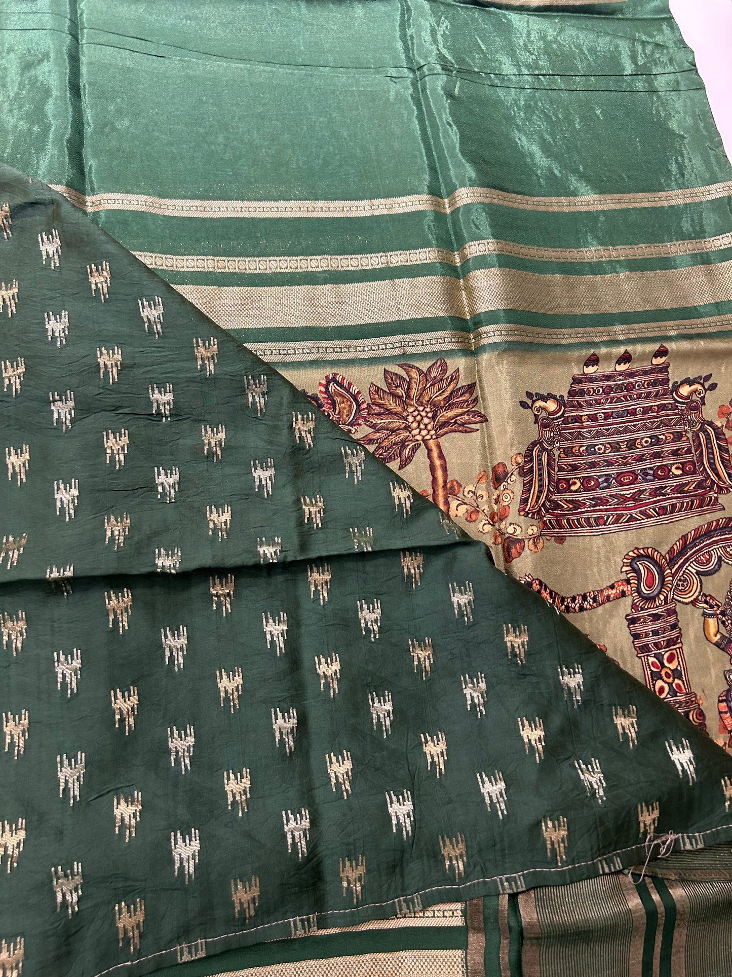 Kalamkari Printed Semi Mysore Silk Saree Pista Green-AP16
