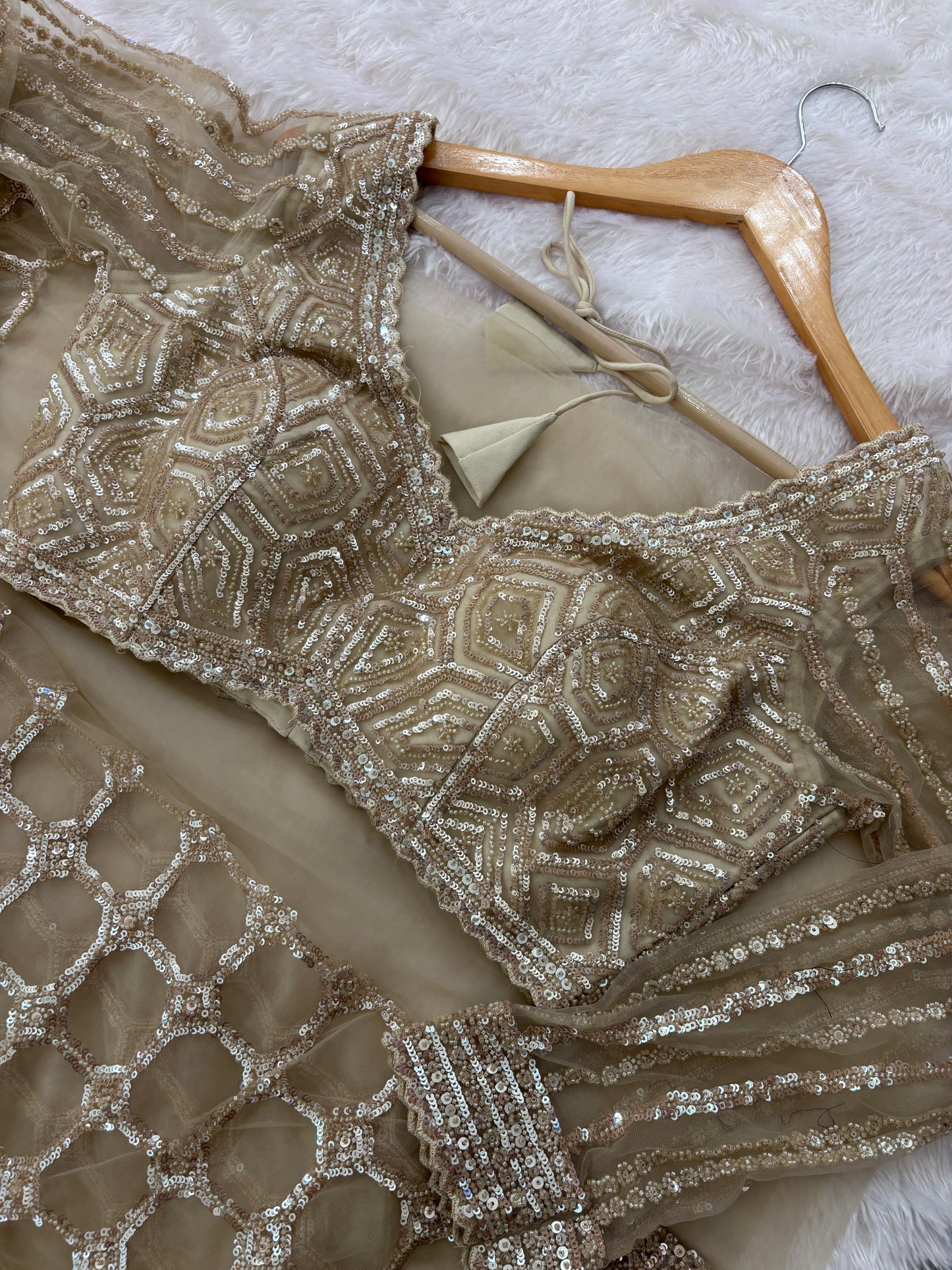 Designer Gold Beige Net Saree With Full Sleeves Sequence Blouse