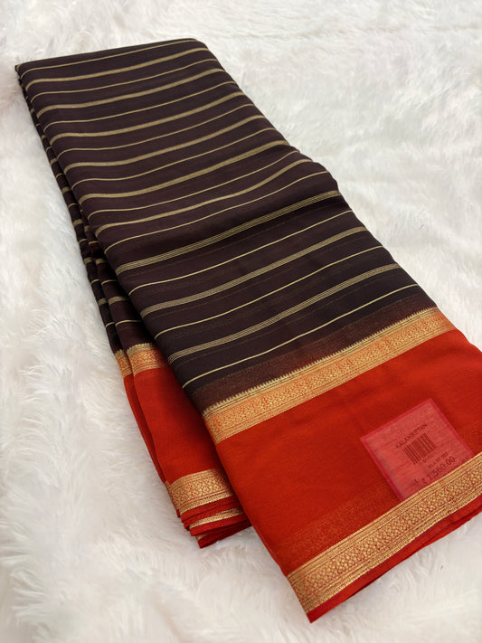 Dark Brown X Rust Striped Soft Semi Mysore Silk Saree-J115