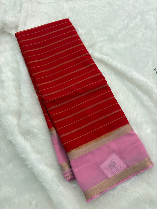 Red X Pink Striped Soft Semi Mysore Silk Saree-J114