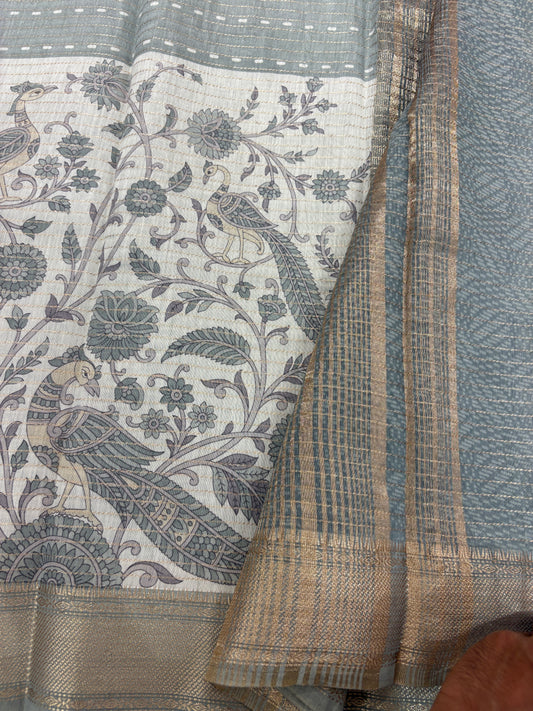 Grey Floral Chanderi Cotton Saree-M101