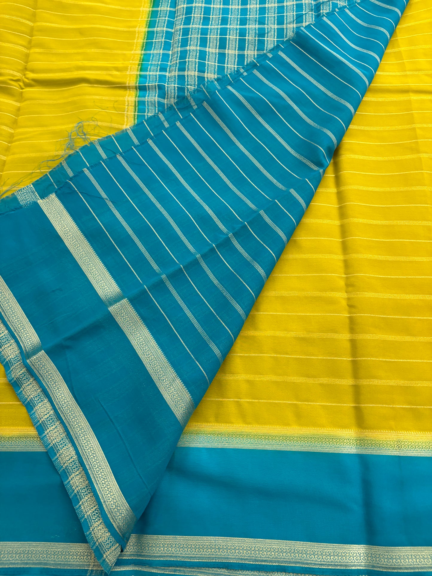 Yellow X Blue Striped Soft Semi Mysore Silk Saree-J116