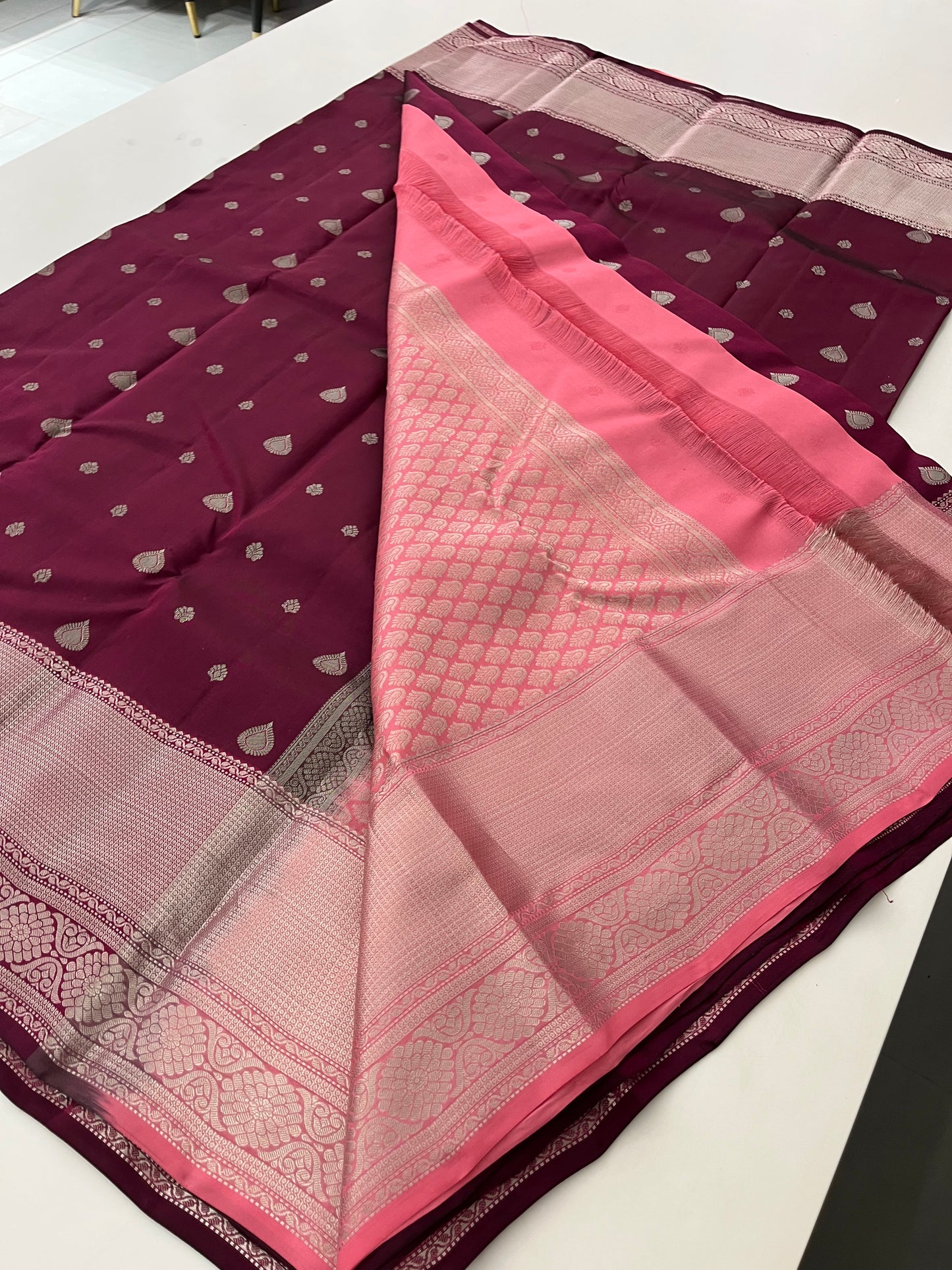 Wine X Baby pink Puremix silk saree