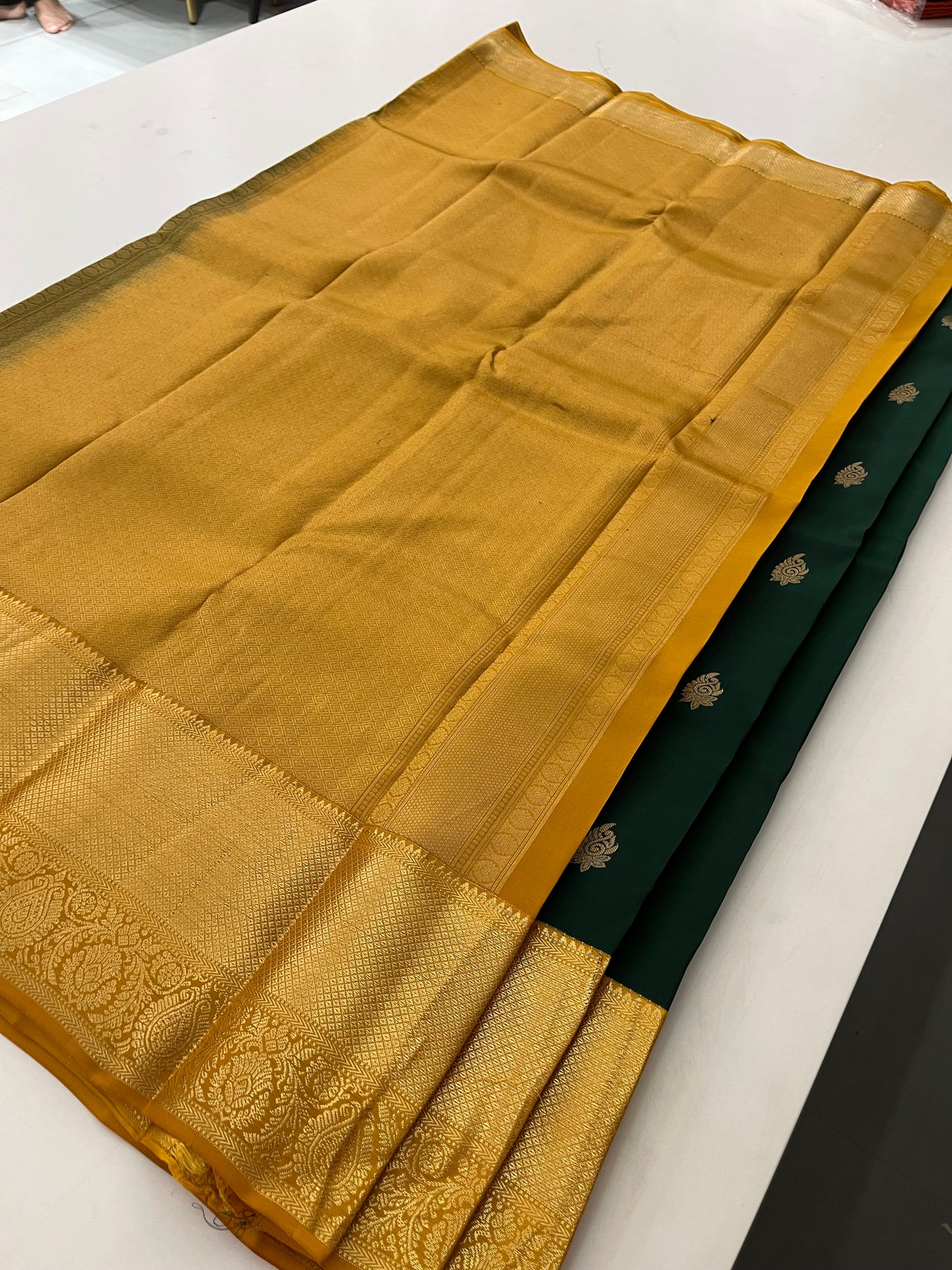 Darkgreen X Yellow Puremix silk saree
