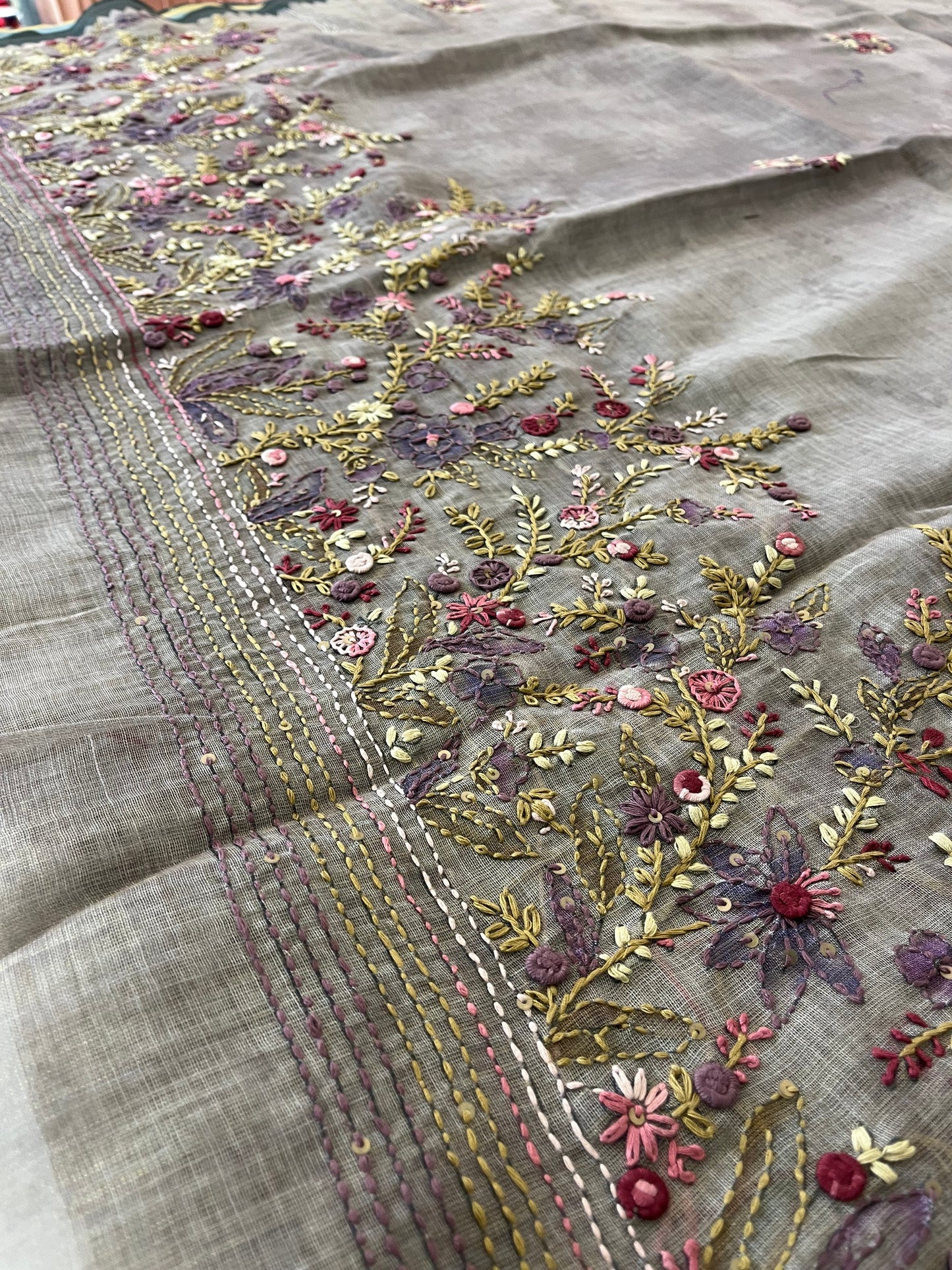 Designer linen saree full embroidery