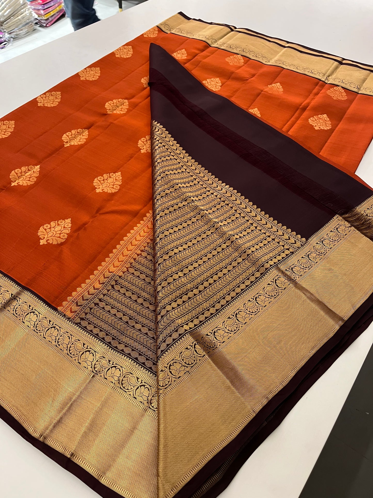 Rust orange x Snuff Kanchipuram Silk Saree