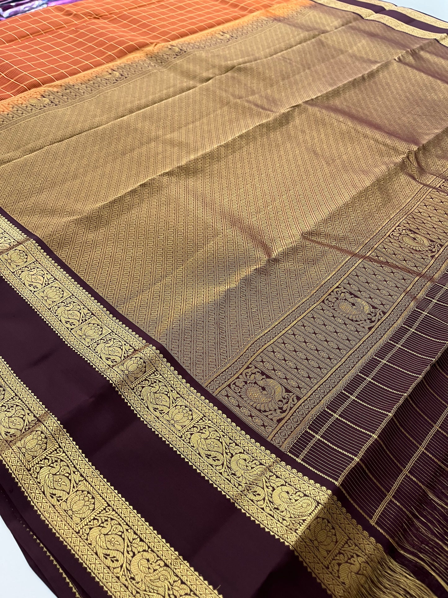 Kancheepuram silk saree Rustic orange x wine