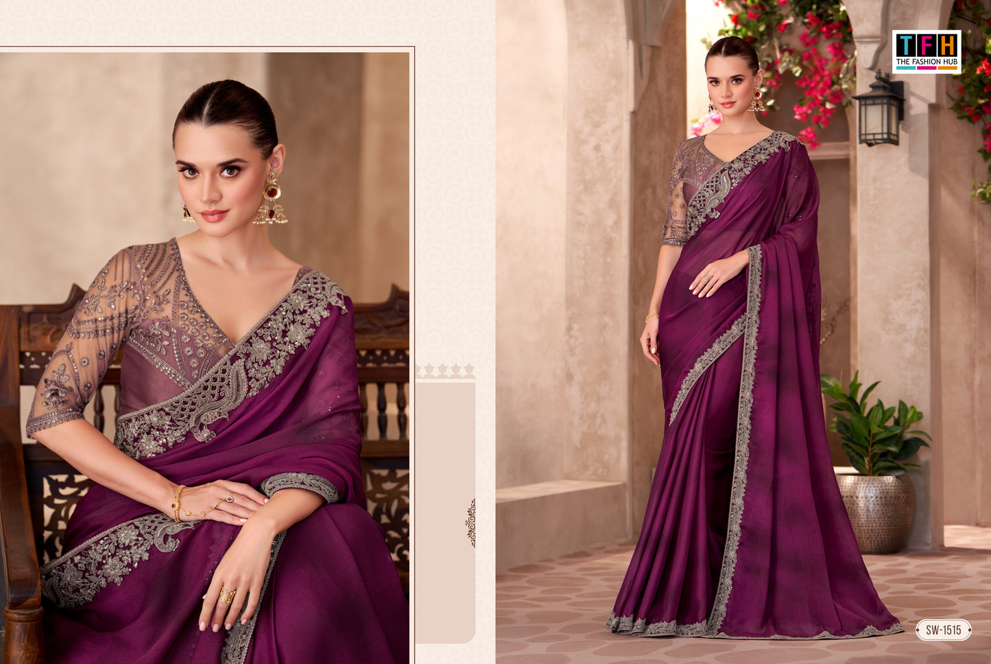 Partywear Dark Wine Designer Saree