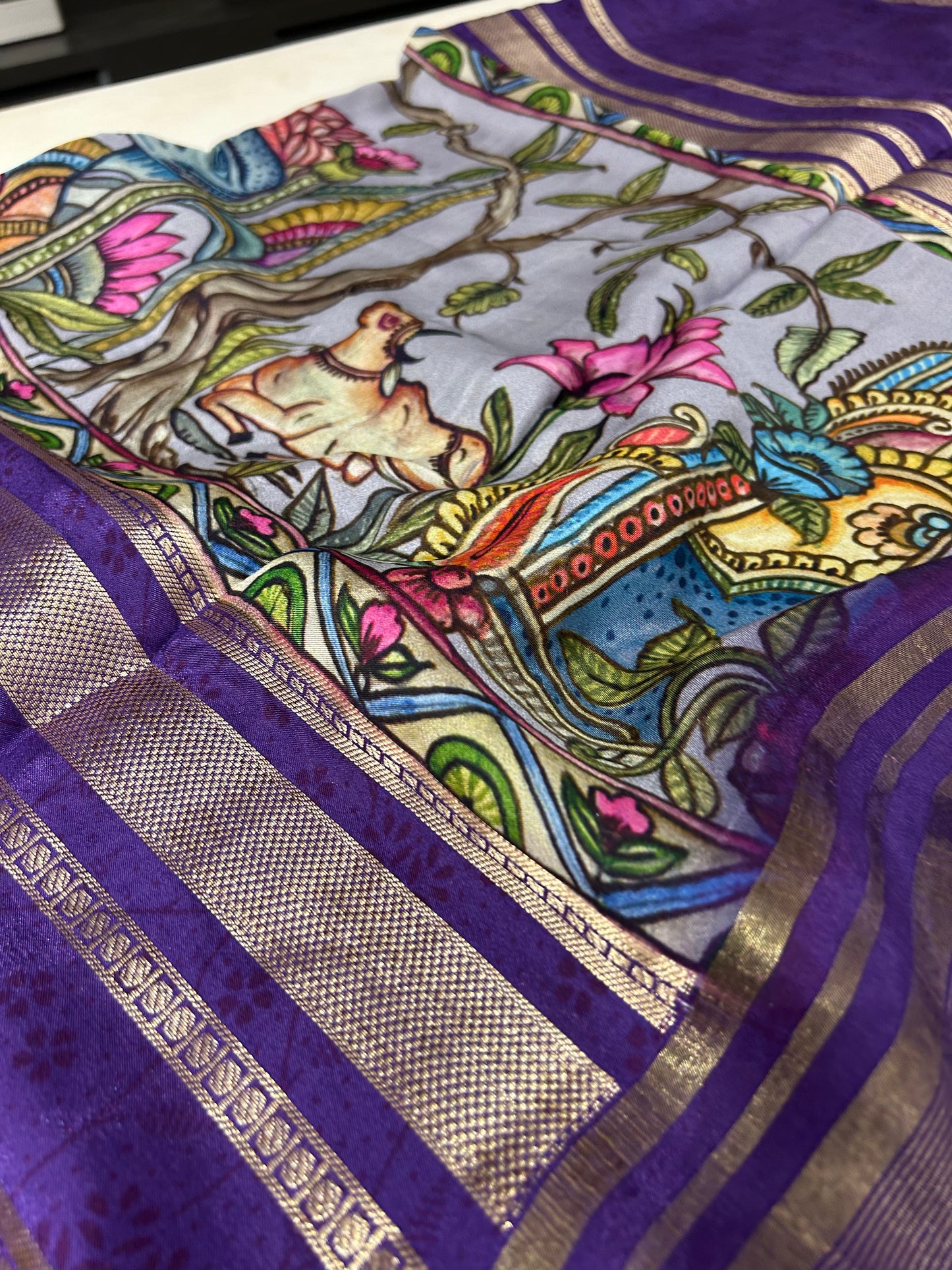 Kalamkari Printed Semi Mysore Silk Saree Grey-AP16