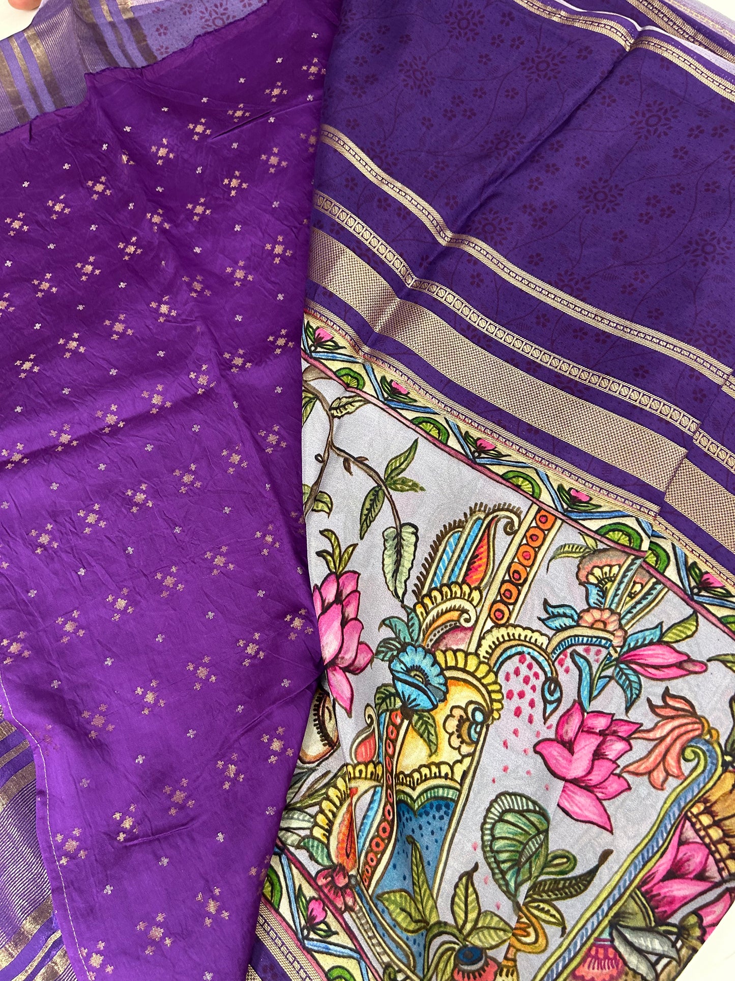 Kalamkari Printed Semi Mysore Silk Saree Grey-AP16