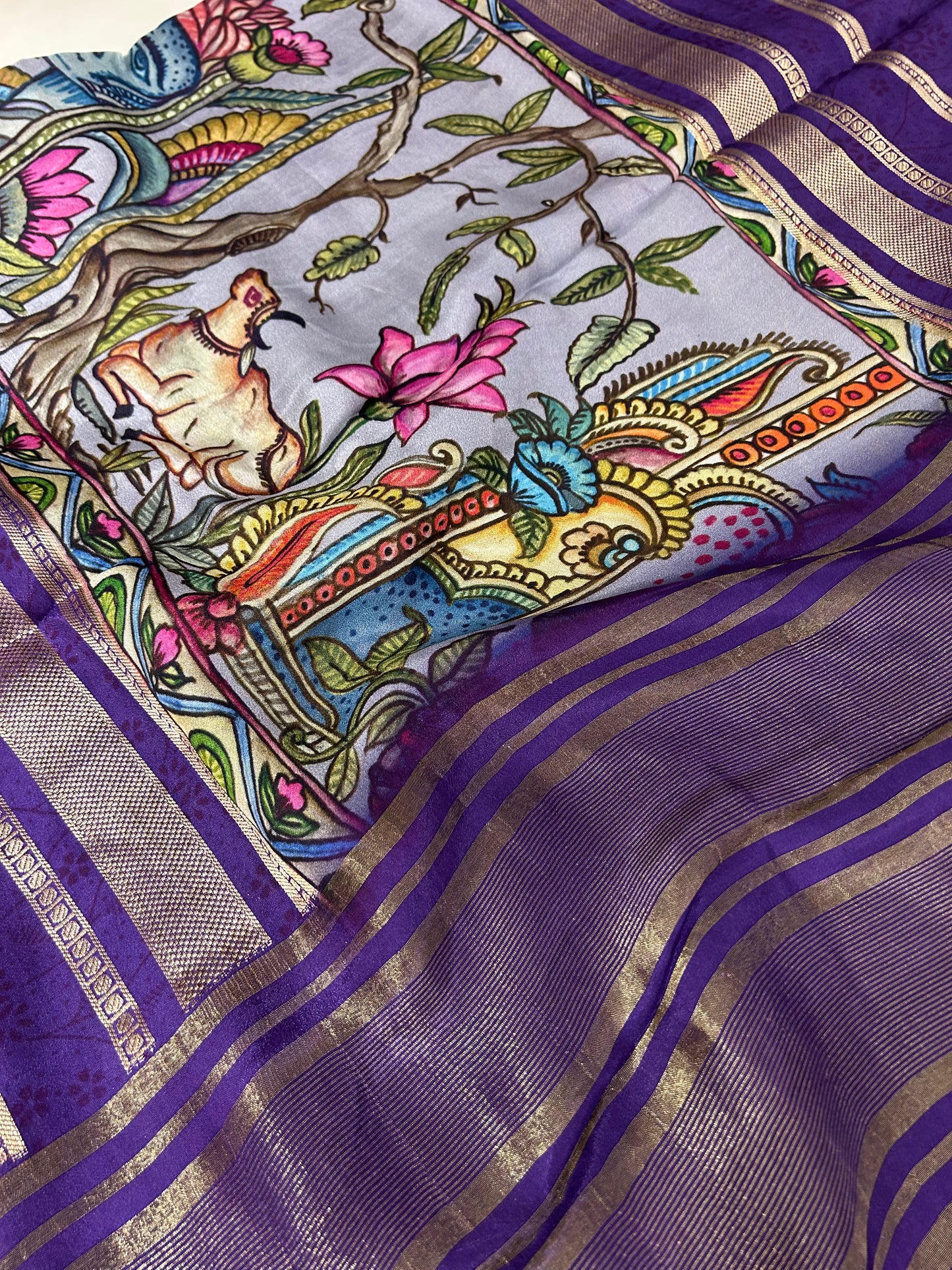 Kalamkari Printed Semi Mysore Silk Saree Grey-AP16